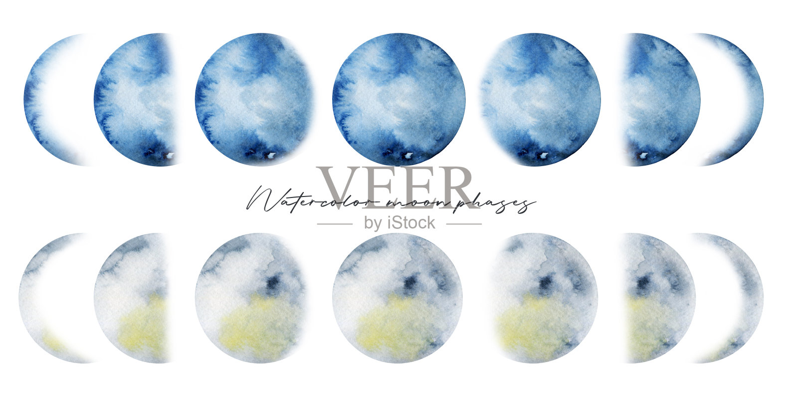 水彩艺术月相收集，手绘孤立的白色背景插图插画图片素材