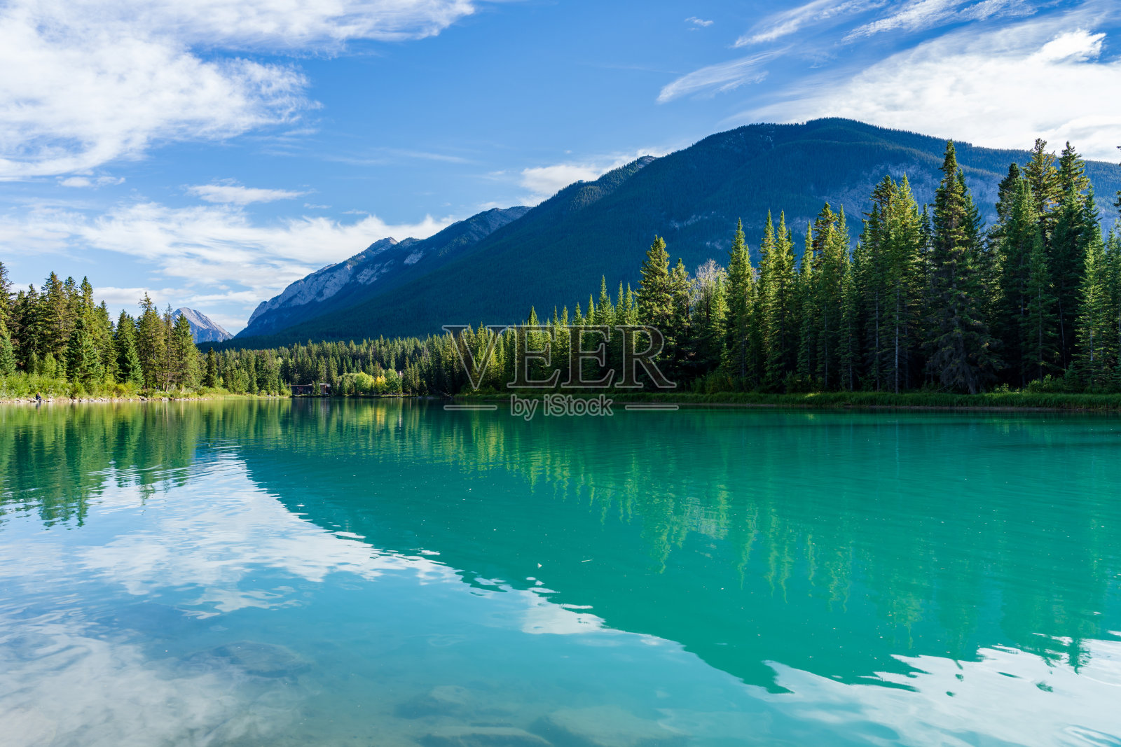 弓河步道在夏季时间。背景是硫磺山脉。班夫国家公园美丽的自然风光。照片摄影图片
