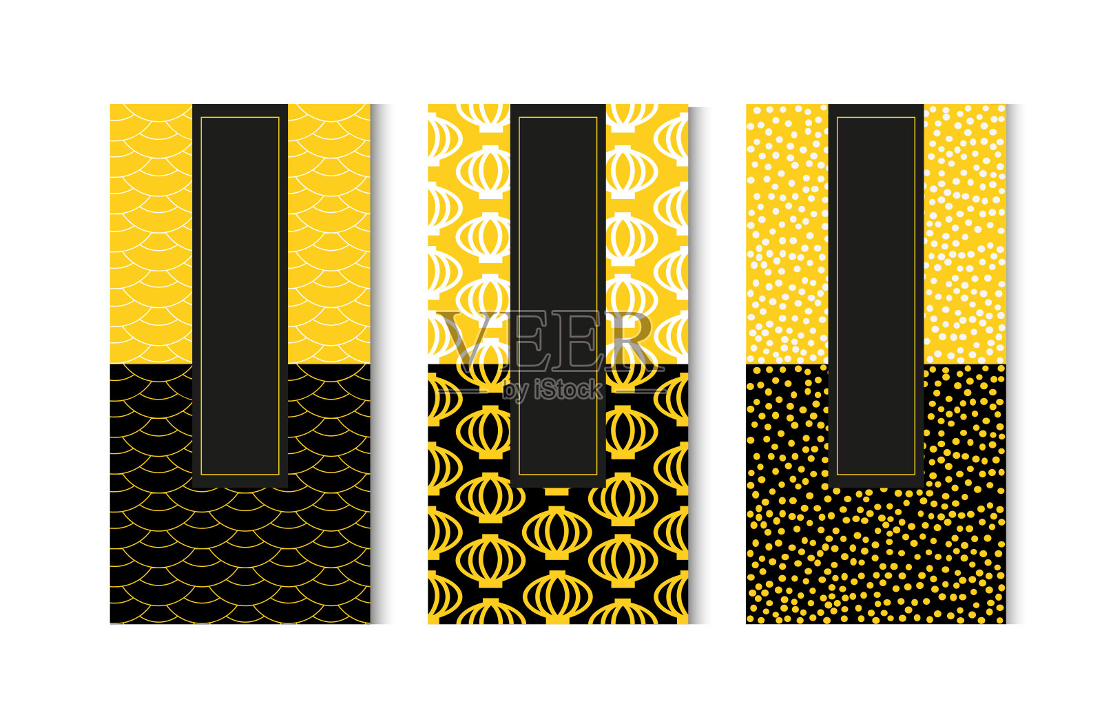 金色和黑色垂直集设计向量。日本风格的标签或包装模板，用于优雅的奢侈品产品。插画图片素材