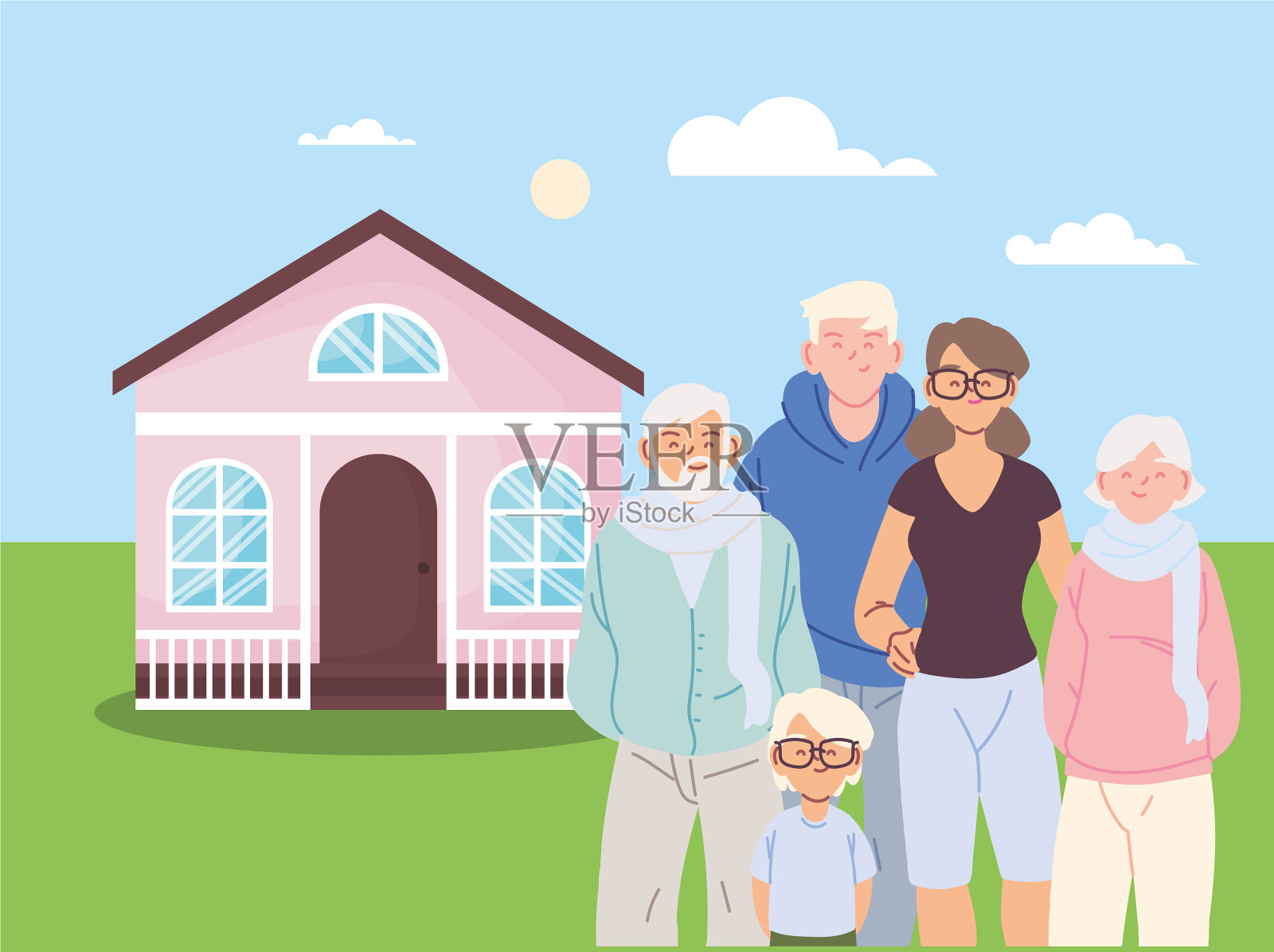 爸爸妈妈和爷爷奶奶的漫画插画图片素材