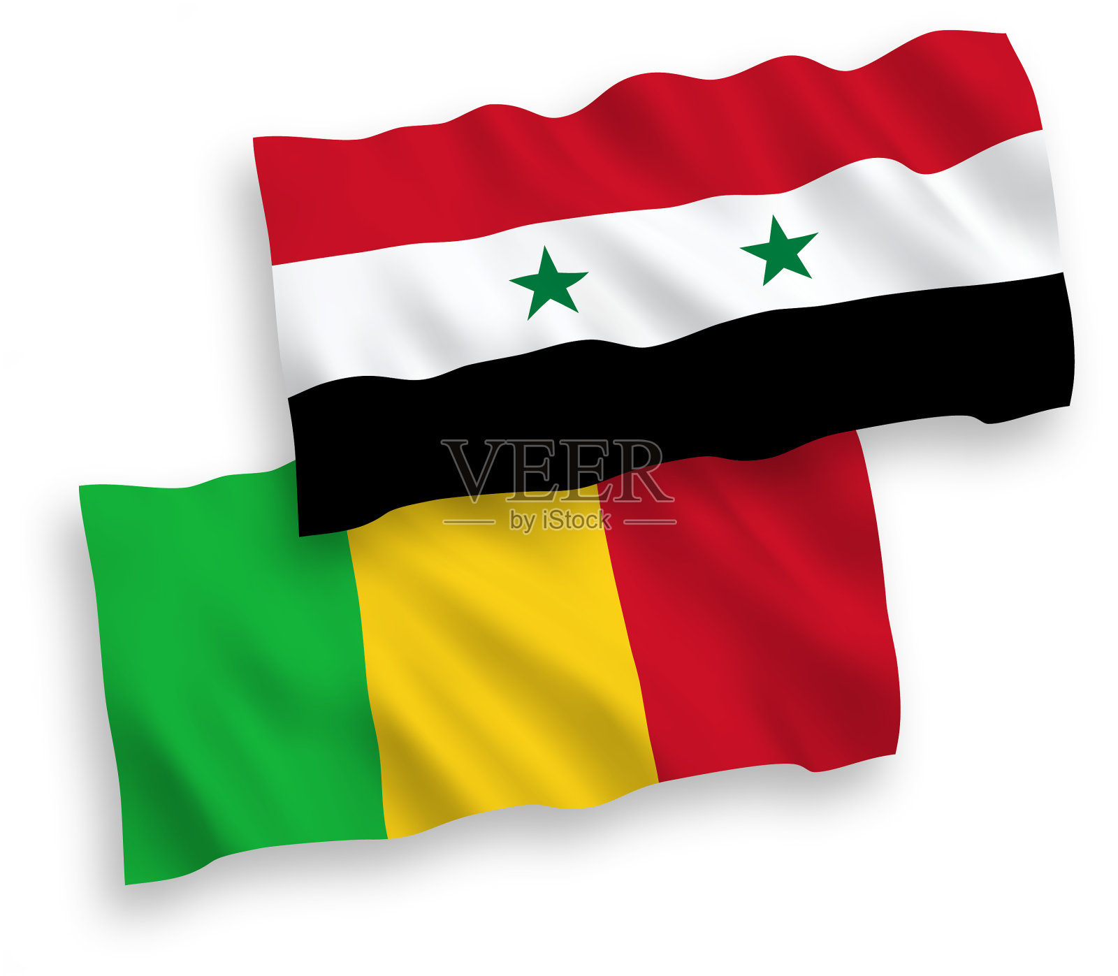 白色背景上的马里和叙利亚国旗设计元素图片