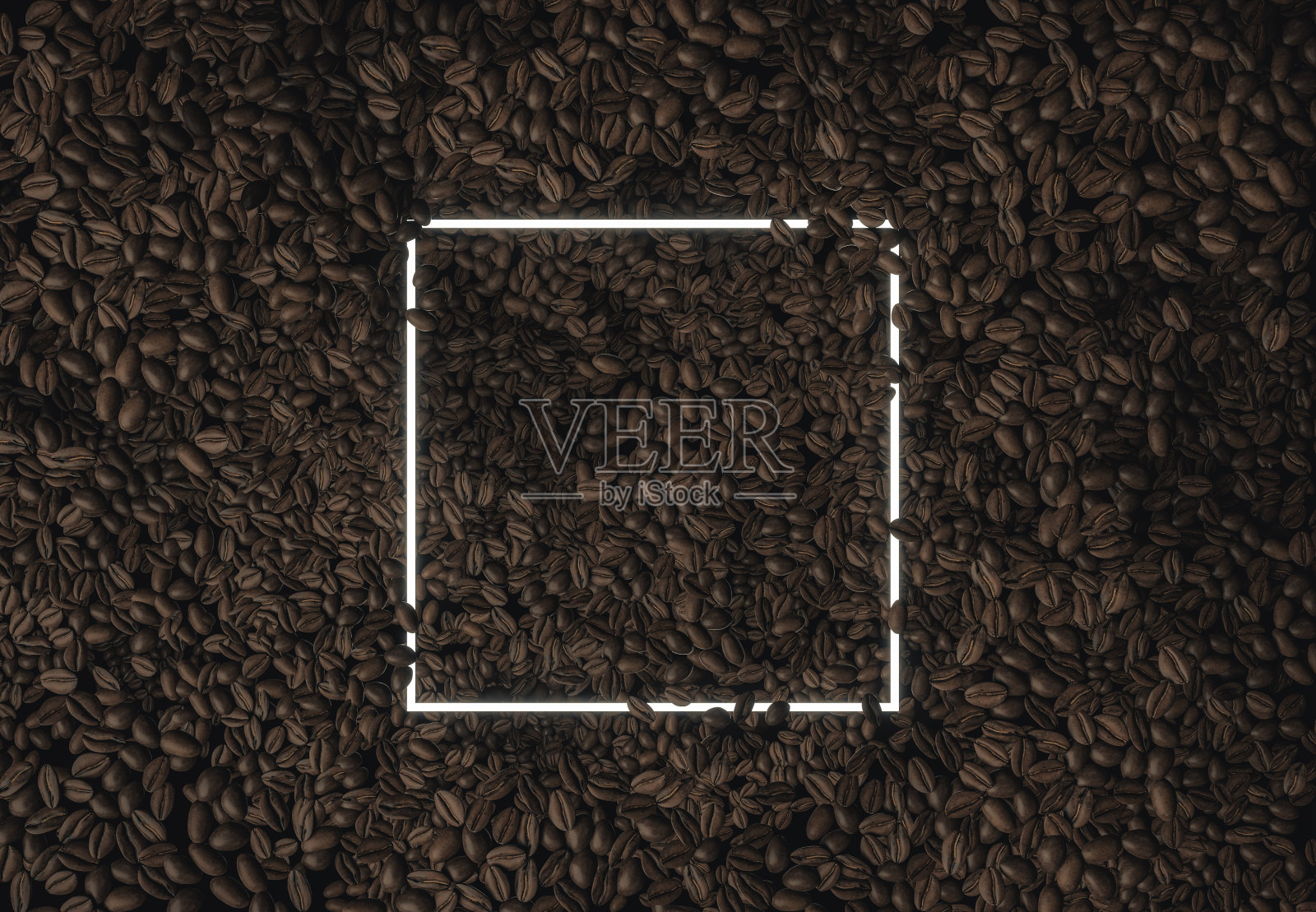 3d渲染氖方形框架在许多棕色的咖啡豆。平铺的简约风格概念照片摄影图片