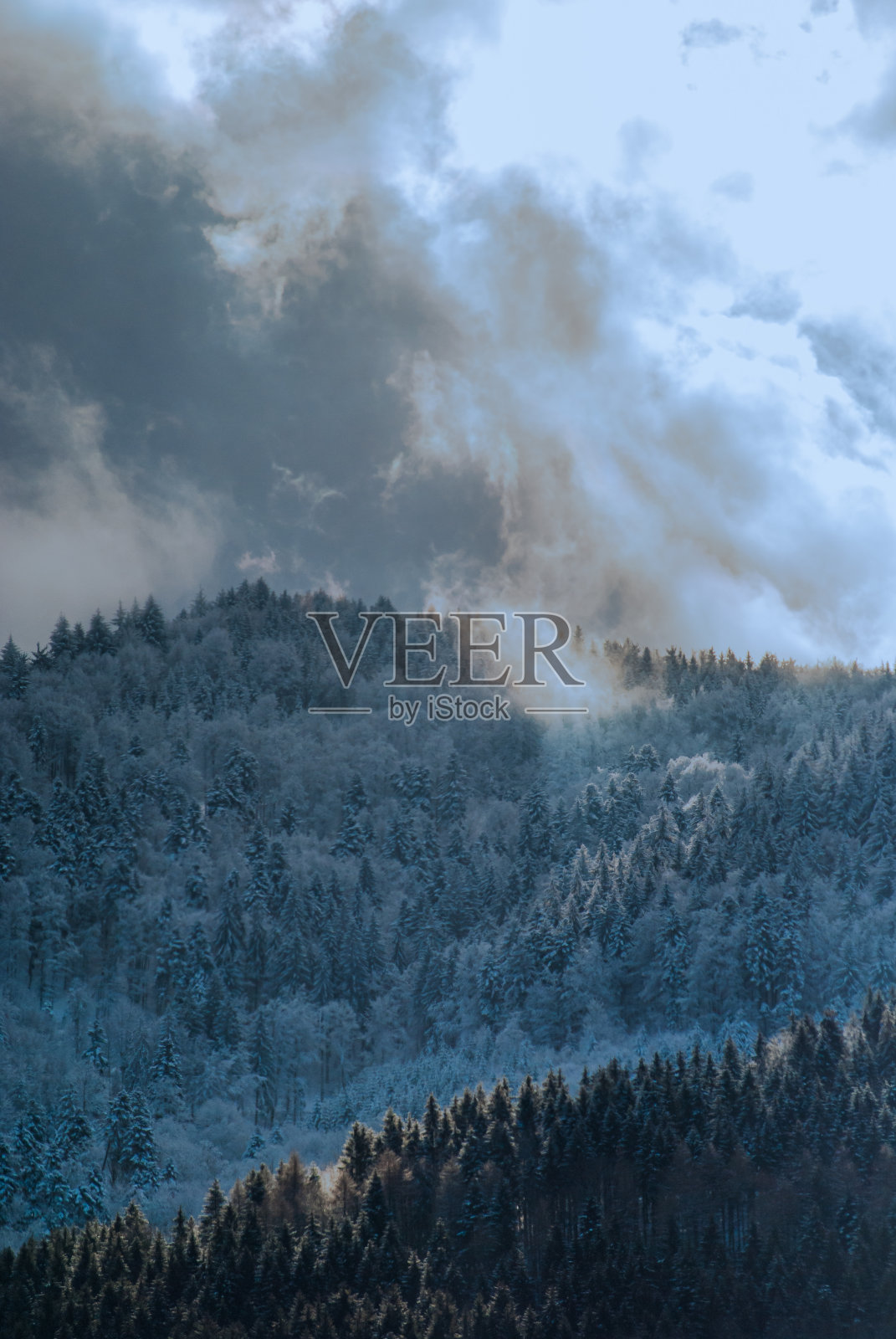 云层在白雪覆盖、森林覆盖的山丘上散开。照片摄影图片