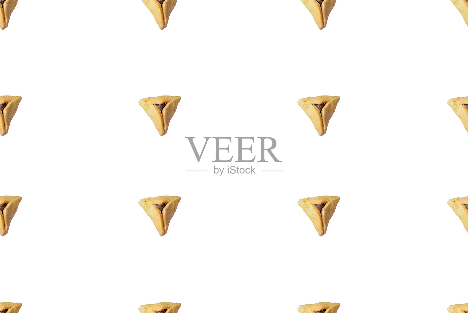 犹太节日Purim的白色背景上的无缝图案Hamentashen，Ozen Haman，Purim饼干照片摄影图片