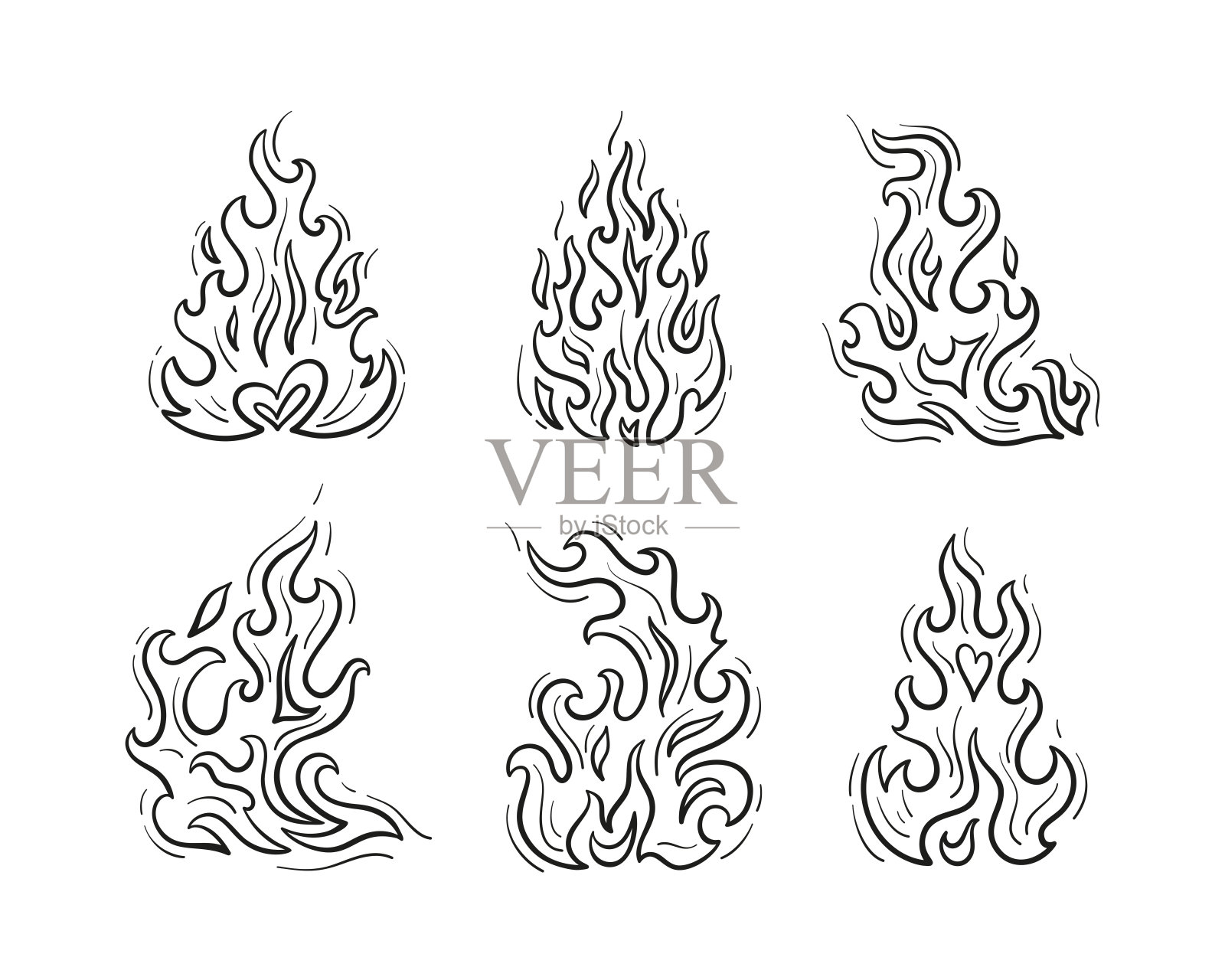轮廓火火焰矢量集。黑色和白色火焰纹身图标素描素描设计元素图片