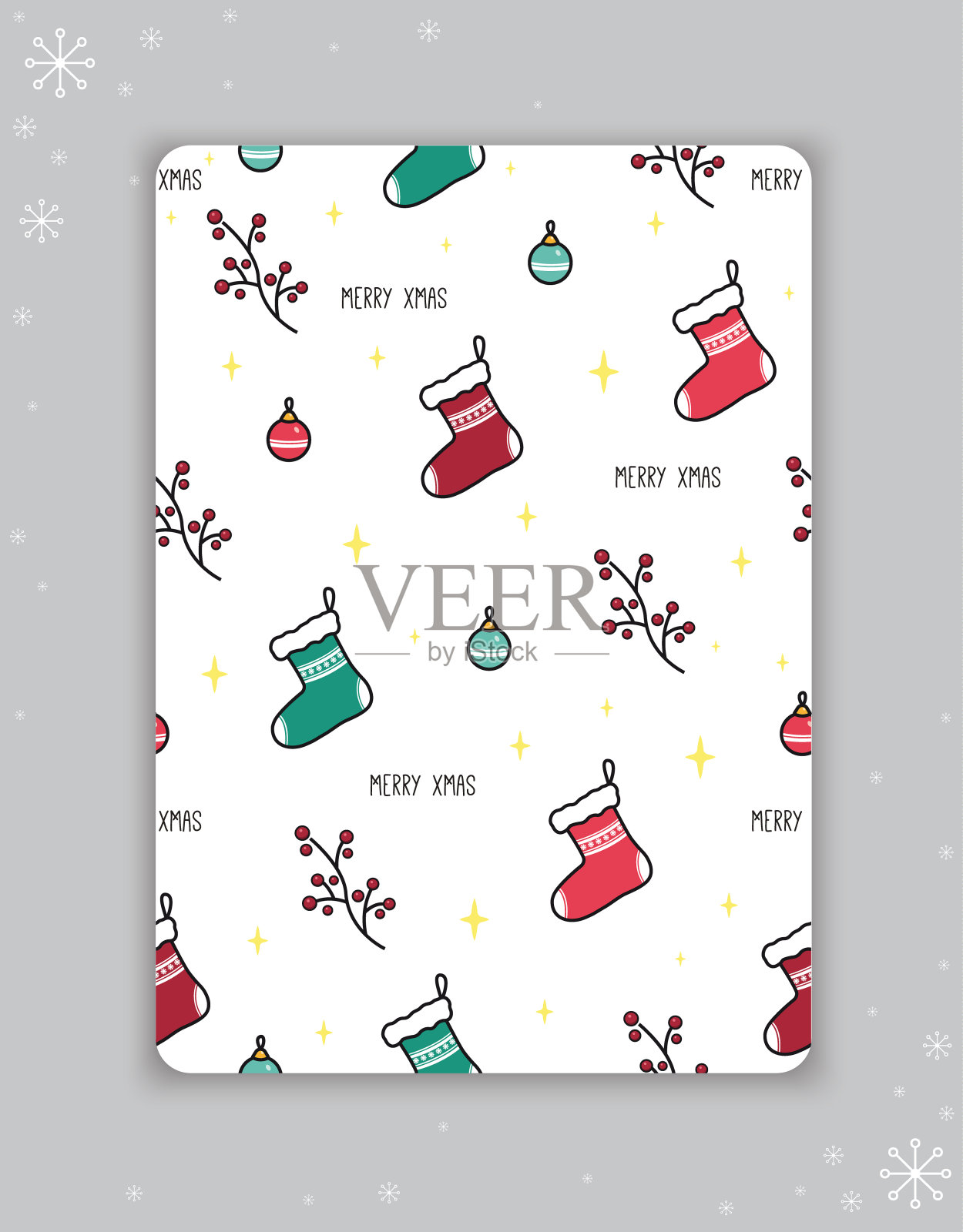 圣诞贺卡与袜子的形象，圣诞树球，浆果。矢量插图。插画图片素材