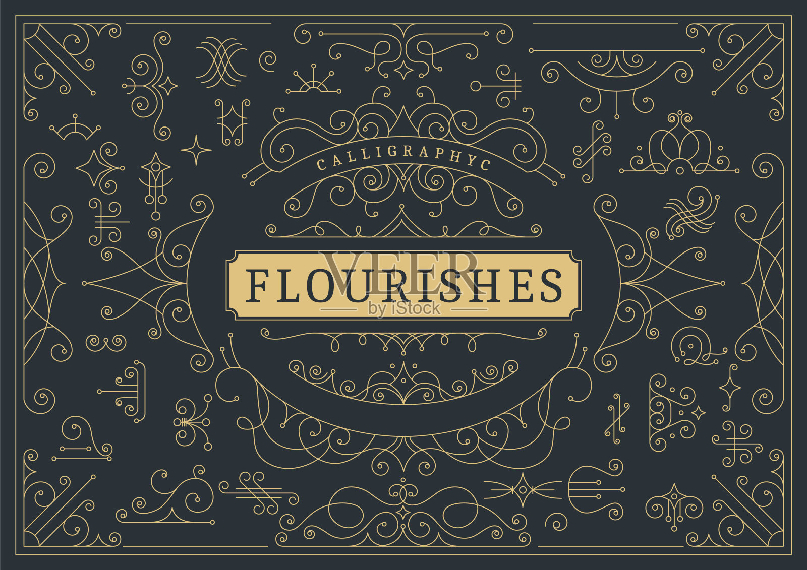 华丽的书法古典装饰背景。金色华丽的页与漩涡和小插图的元素。框架设计模板。向量豪华的邀请插画图片素材