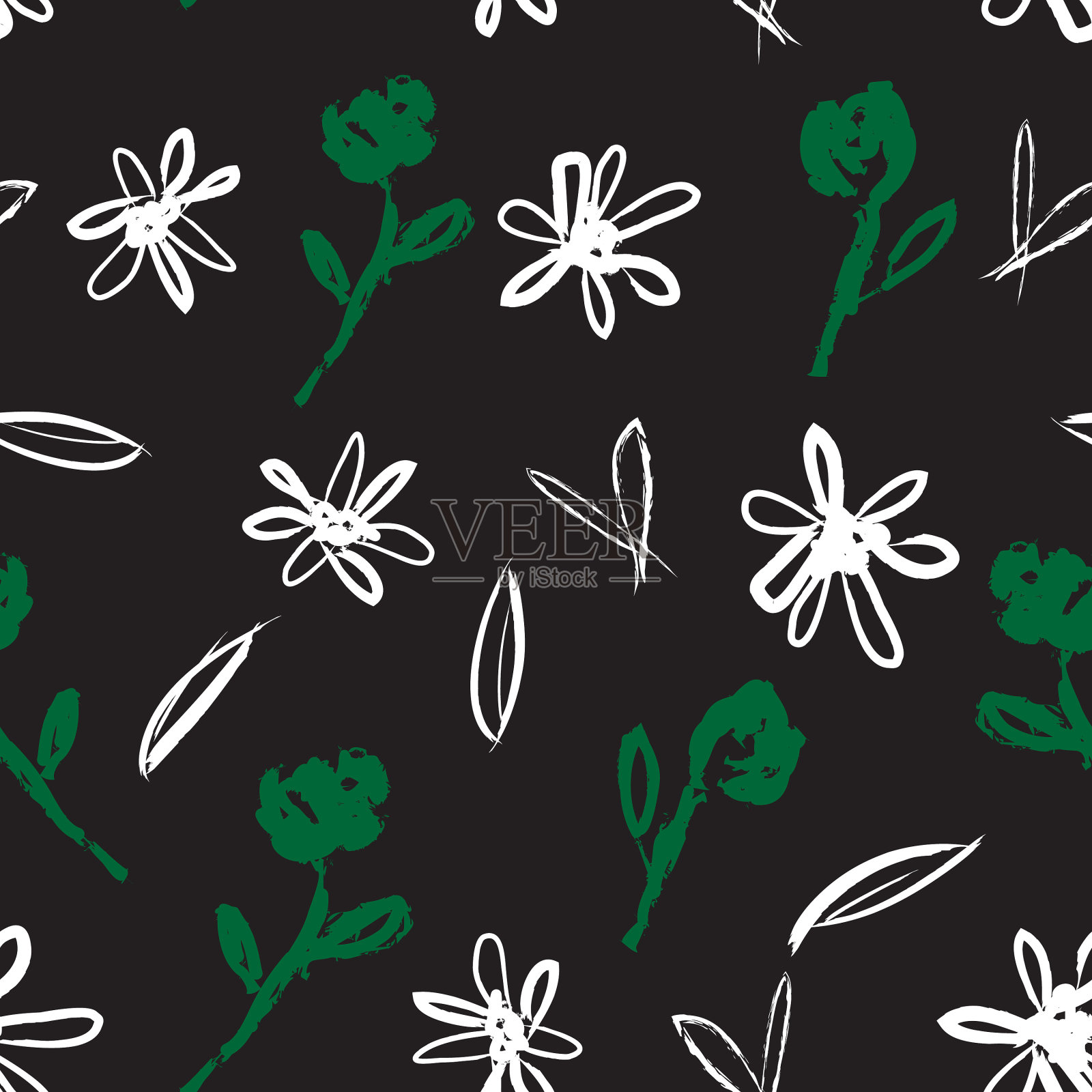 绿色花卉笔触无缝图案插画图片素材