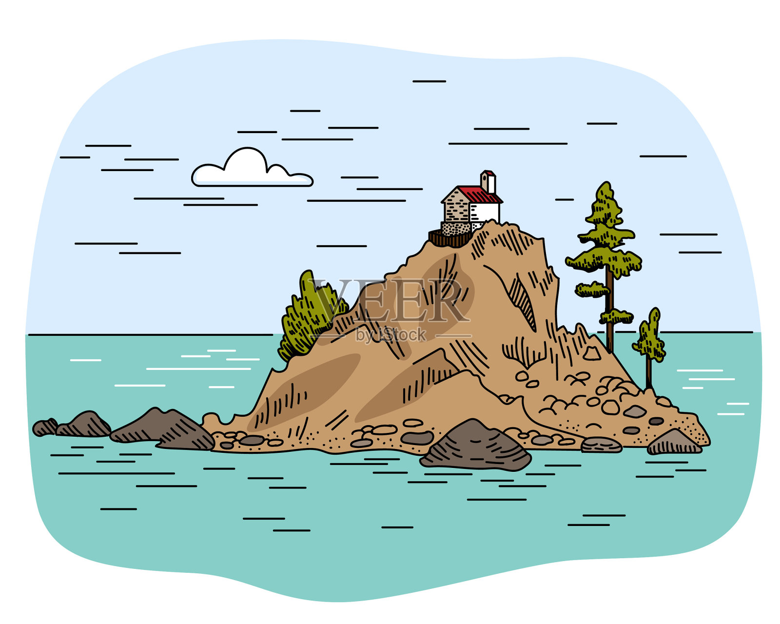 房子和树在海岛的一块岩石上插画图片素材