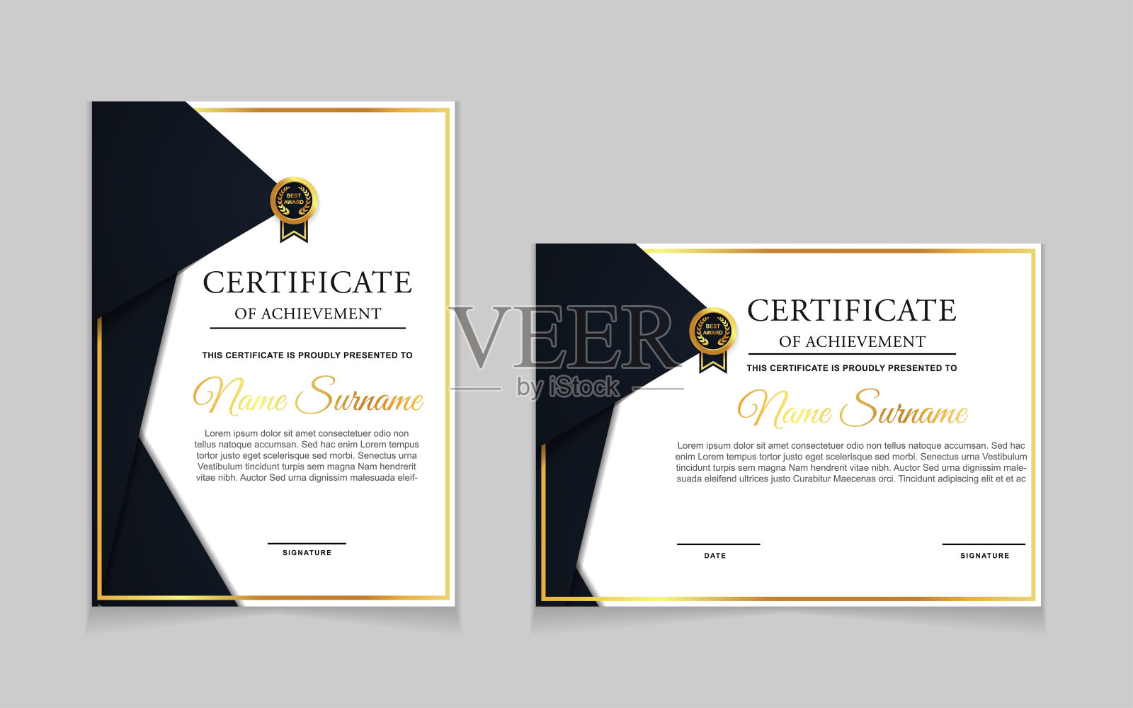 一套成就证书边界设计模板与元素的豪华金章和现代线条模式。矢量图形打印布局插画图片素材