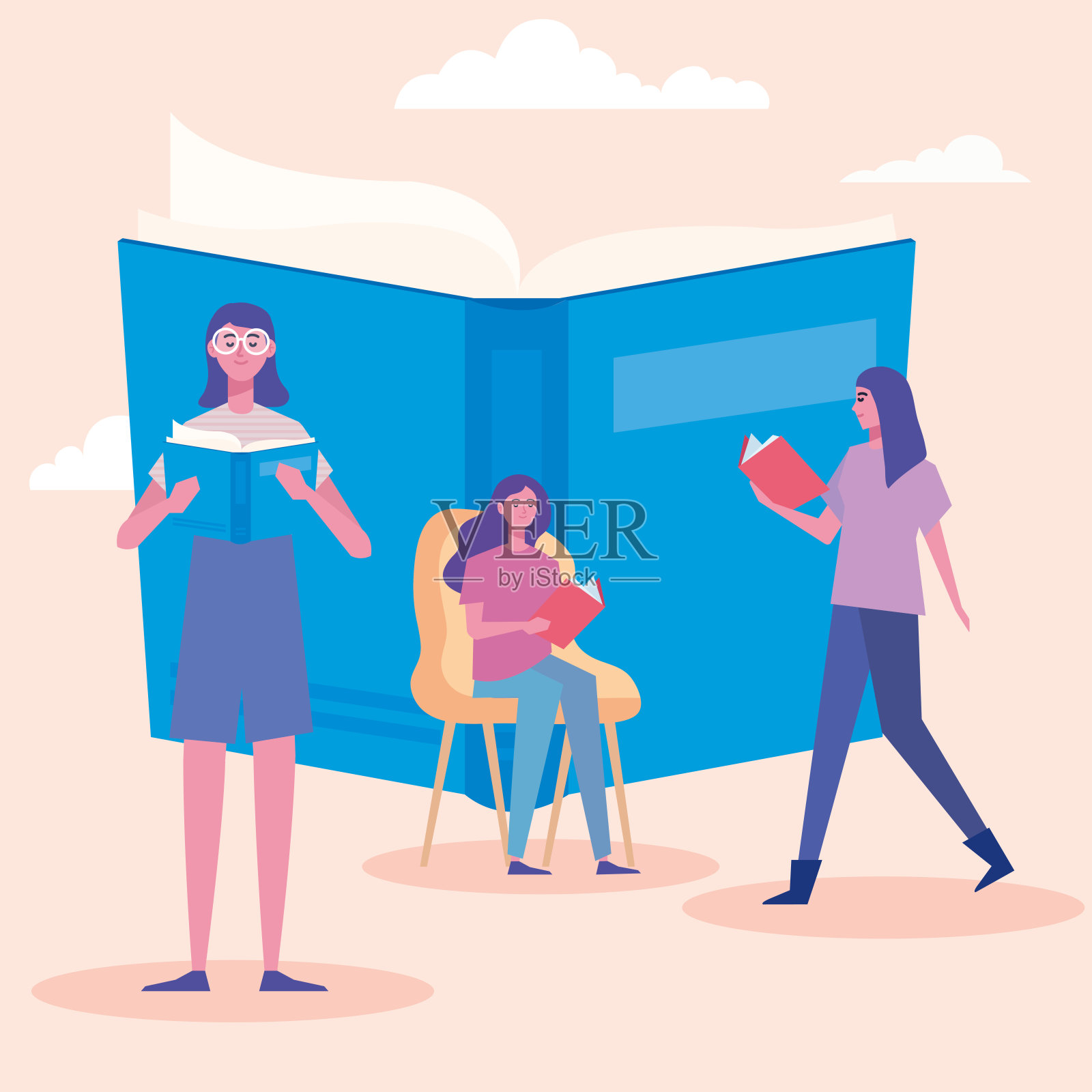 女性读者可以站着看书，也可以坐着看书插画图片素材