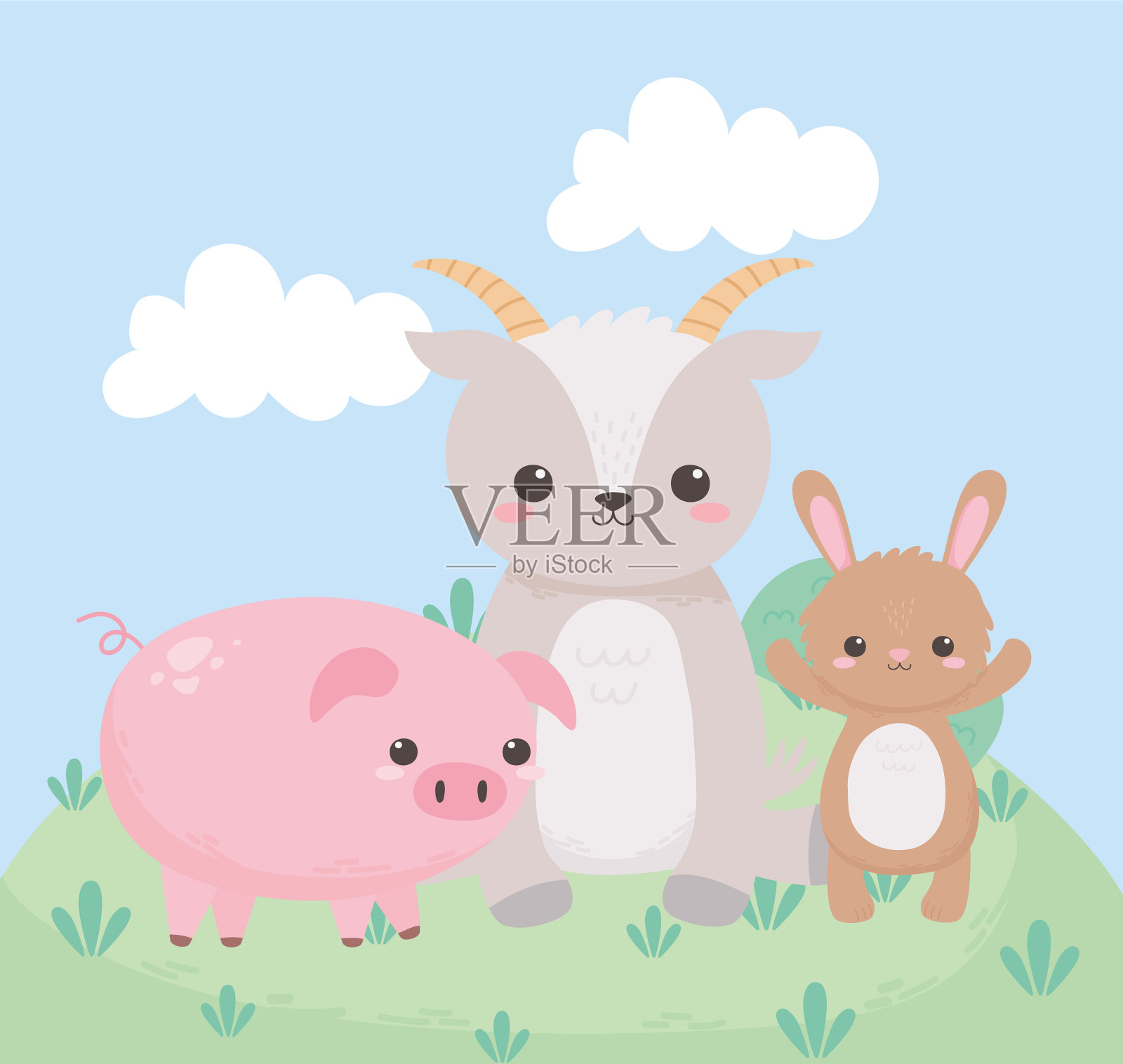 可爱的小兔子山羊和小猪草卡通插画图片素材