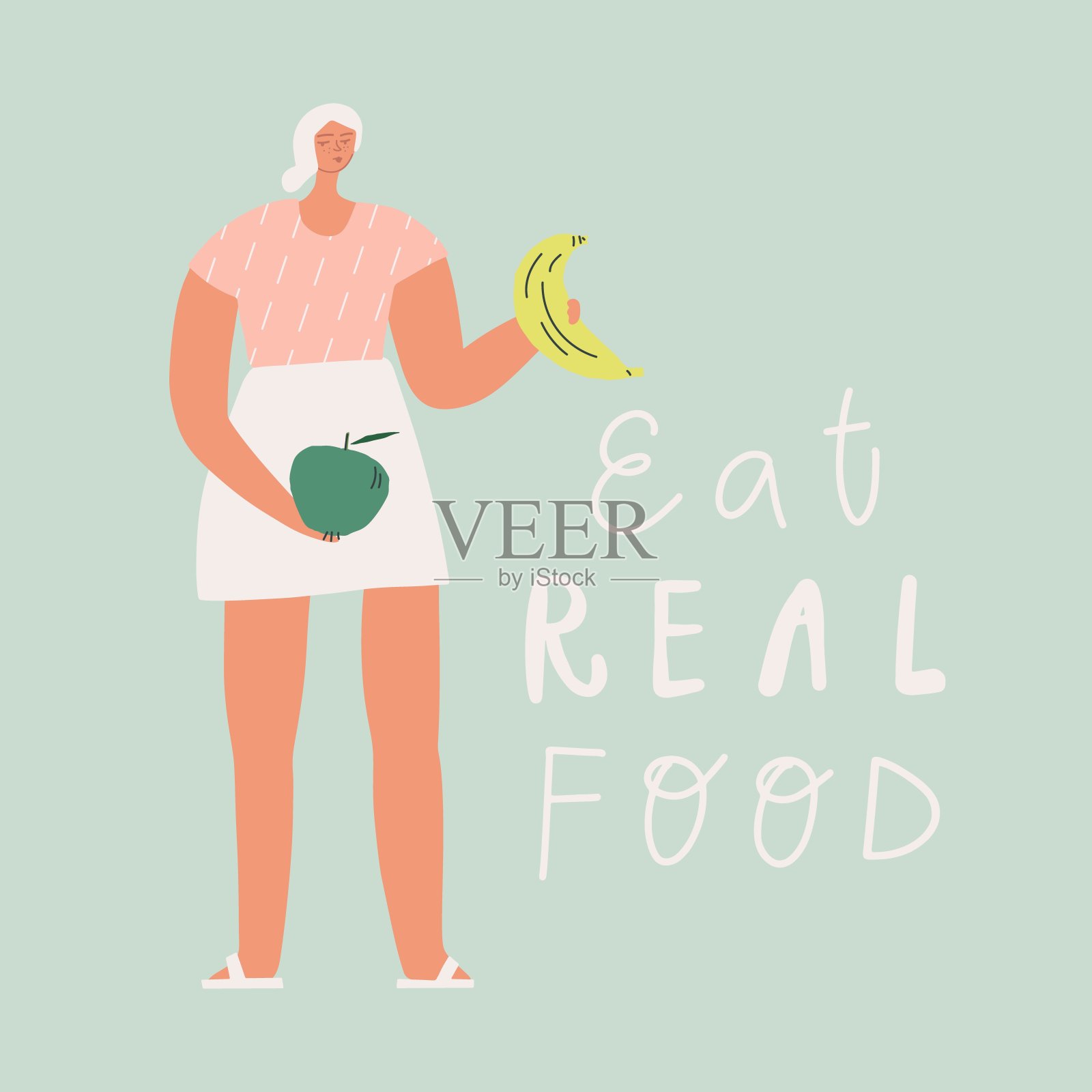 生态产品，天然有机和素食，用心饮食理念。女人与水果插画图片素材
