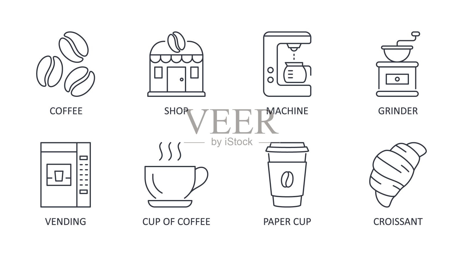 向量咖啡店图标。可编辑的中风。销售咖啡豆建筑机研磨机自动售卖纸杯甜点羊角面包。线性股票插图图标素材