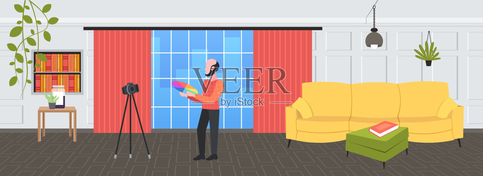 男设计师拿着调色板样本，博客用数码相机在三角架上录制在线视频，社交网络博客概念现代设计工作室室内全长水平插画图片素材