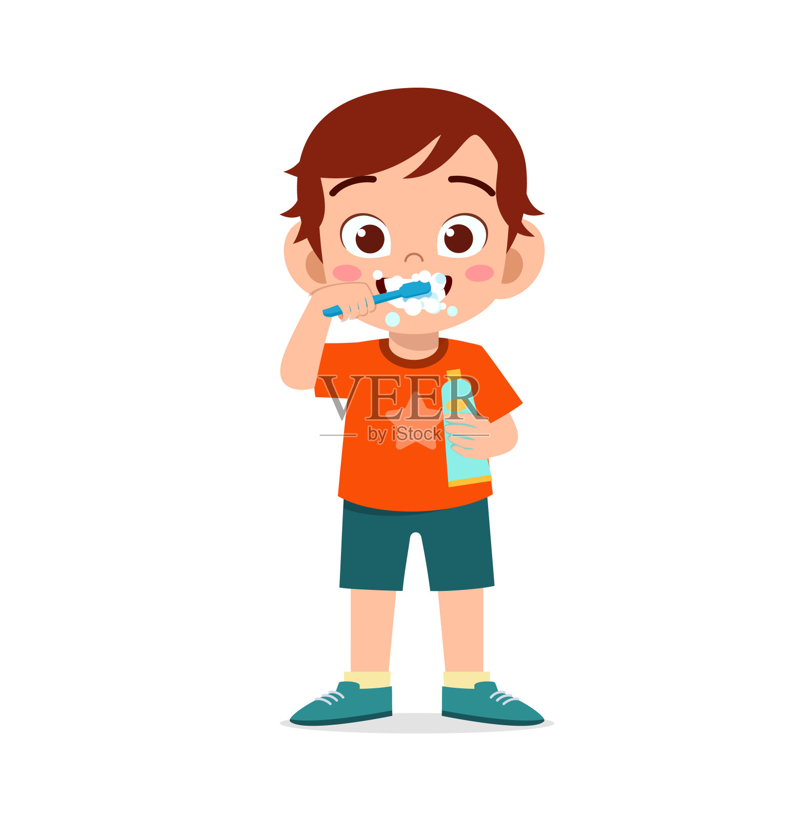 可爱的小男孩正在刷牙，手里拿着牙膏插画图片素材