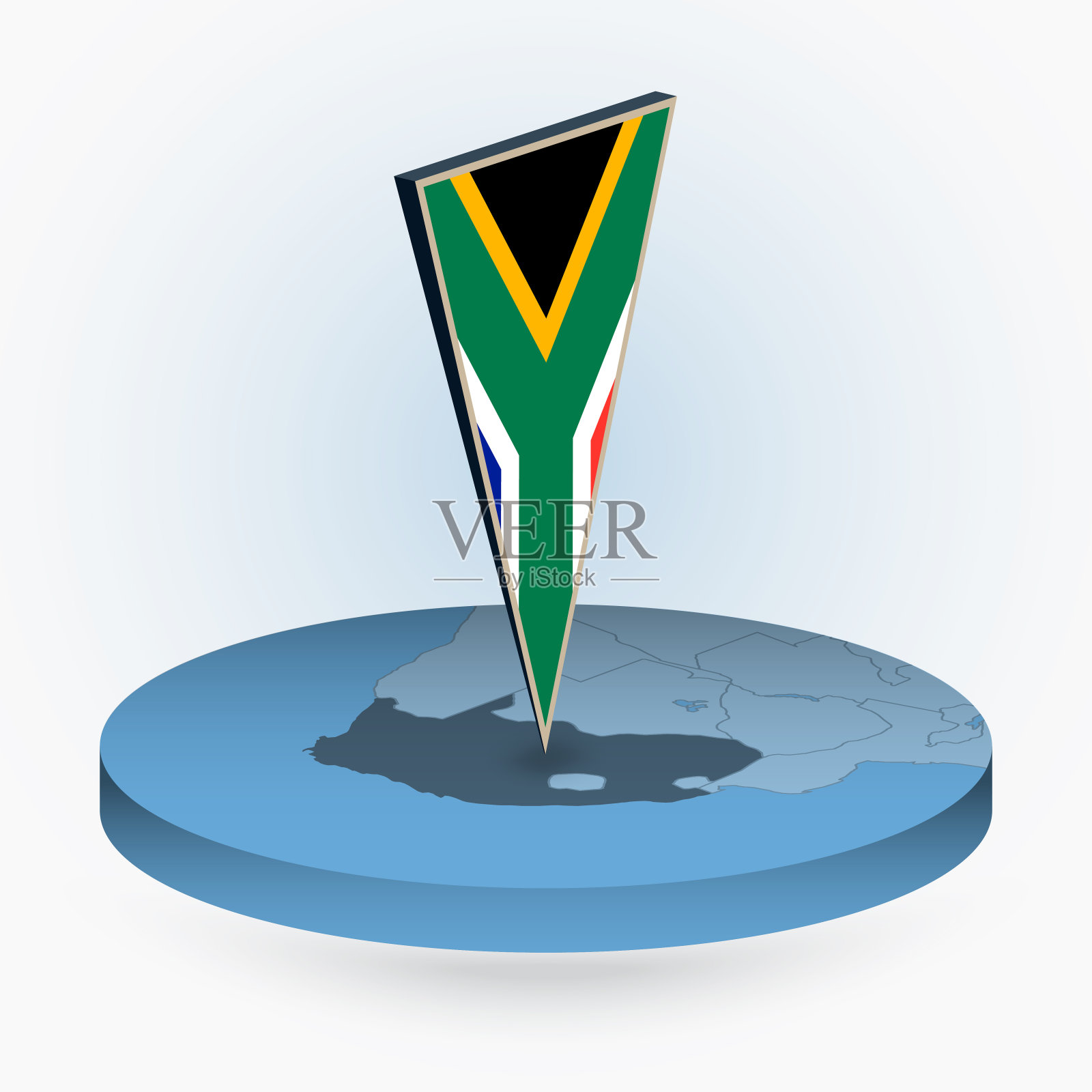 南非地图在圆形等距风格与三角形3D国旗的南非插画图片素材