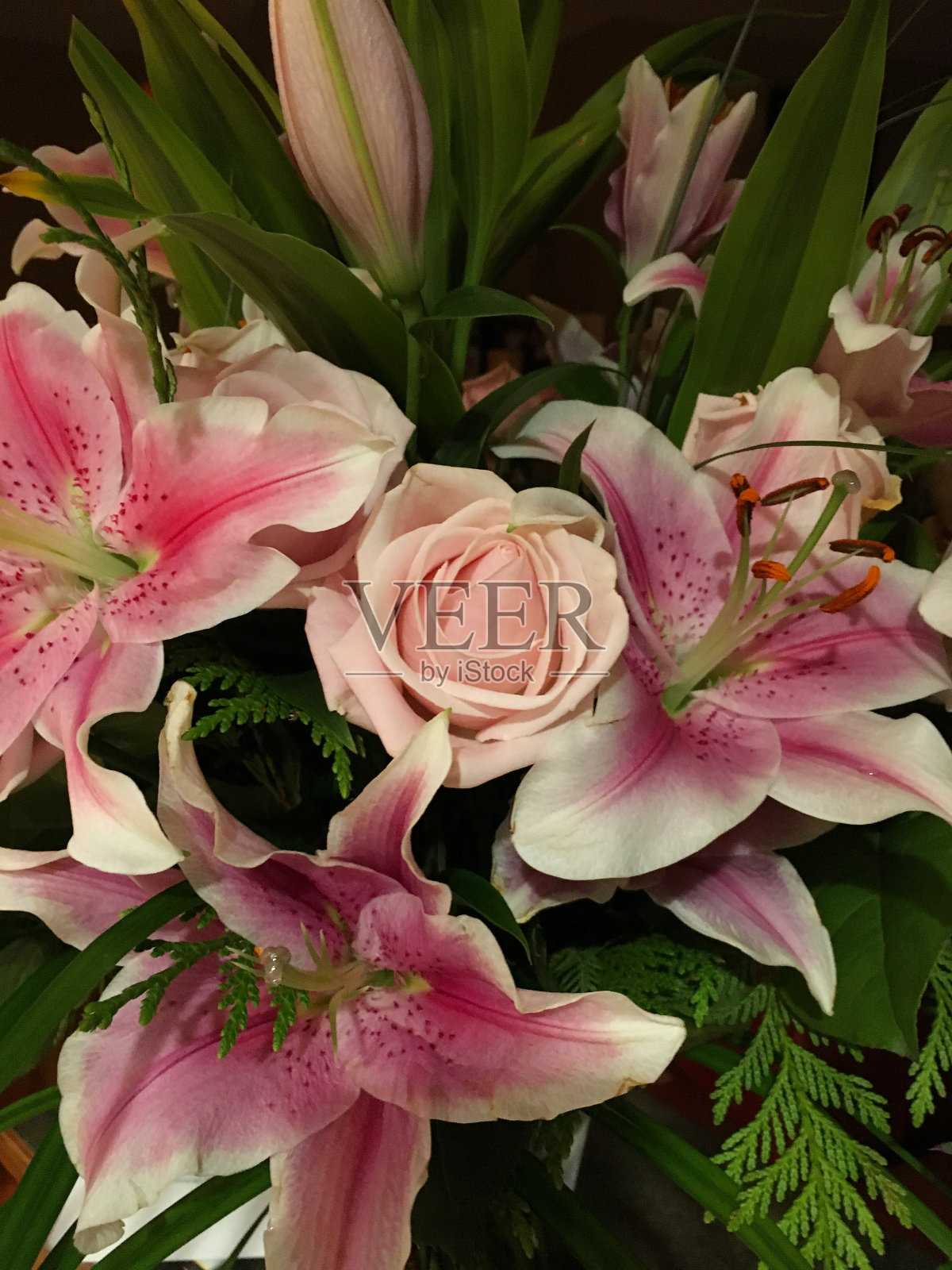 一束新鲜的粉色百合和玫瑰照片照片摄影图片