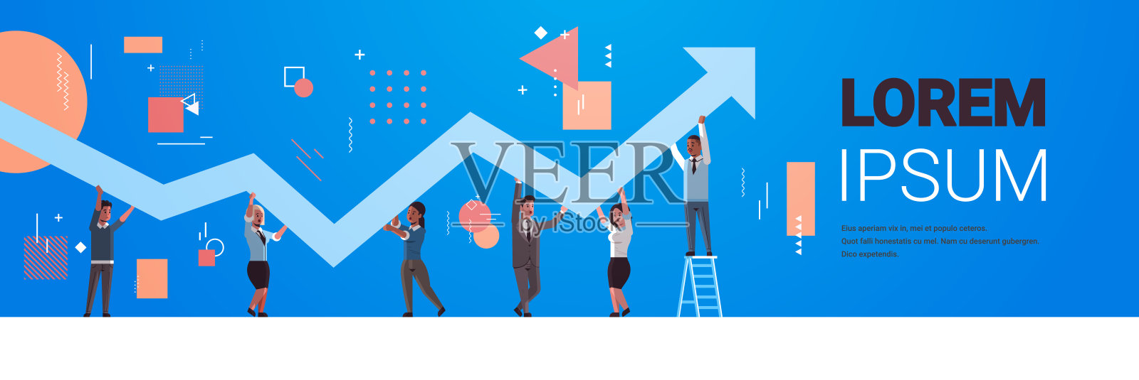 商务人士高举向上的财务箭头，团队合作，成功的业务发展增长概念，混合种族，员工纠正方向，图形水平全长复制空间插画图片素材