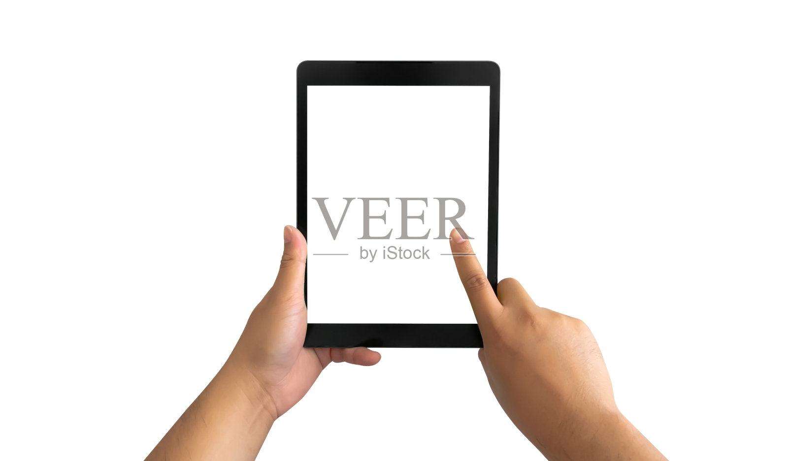 男子手持数码平板孤立在白色背景与剪切路径照片摄影图片