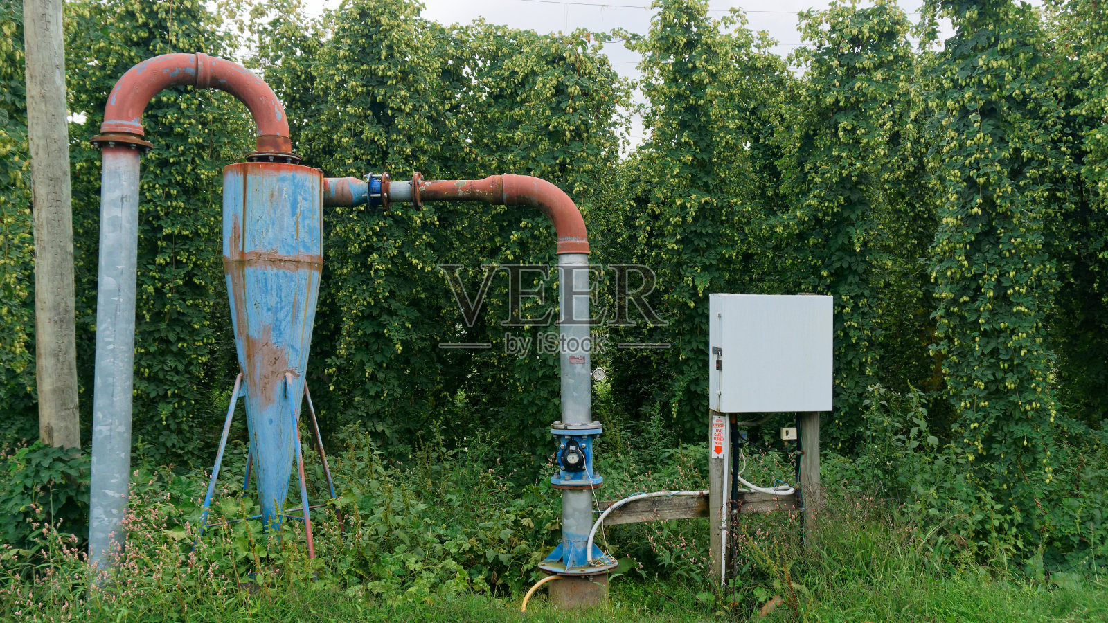 新西兰塔斯曼地区Motueka啤酒花花园的作物灌溉泵。照片摄影图片