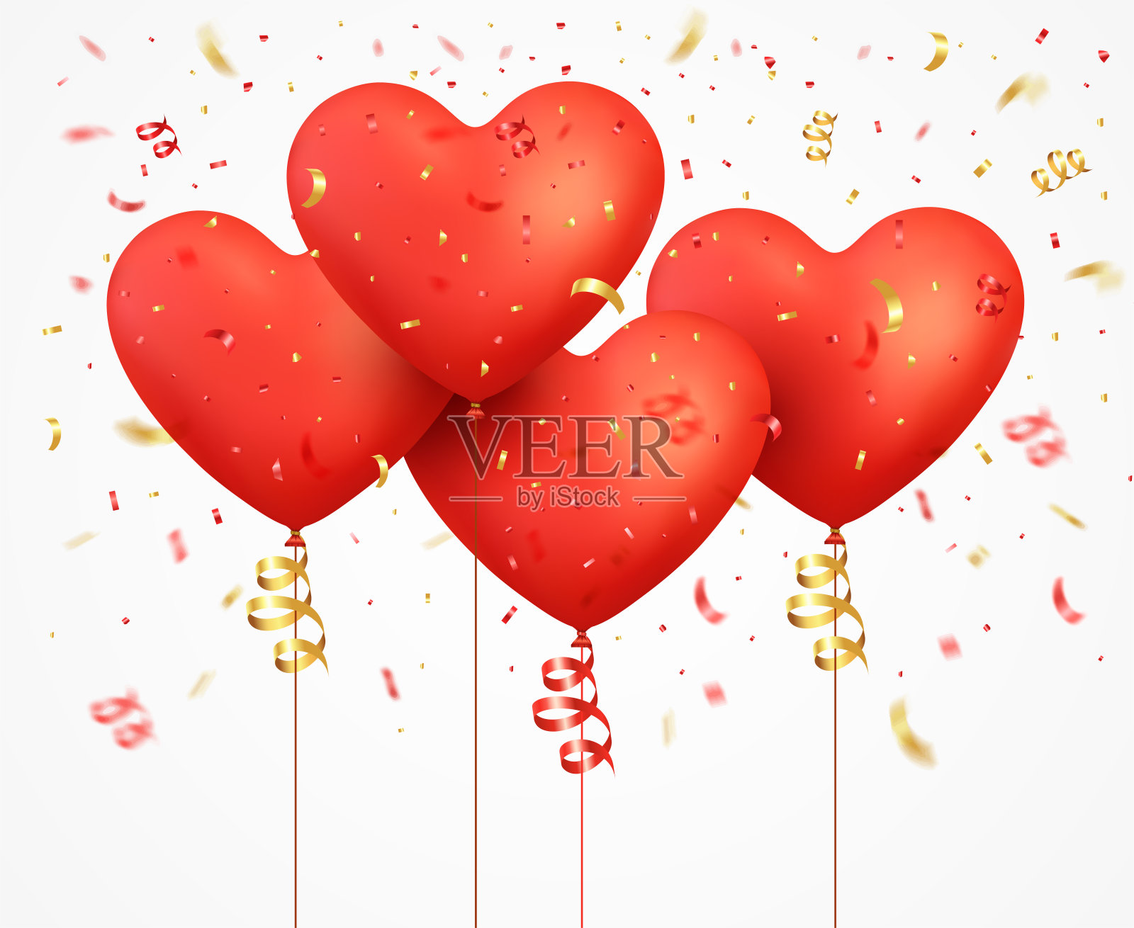 逼真的3d红色气球心与五彩纸屑和丝带飞插画图片素材