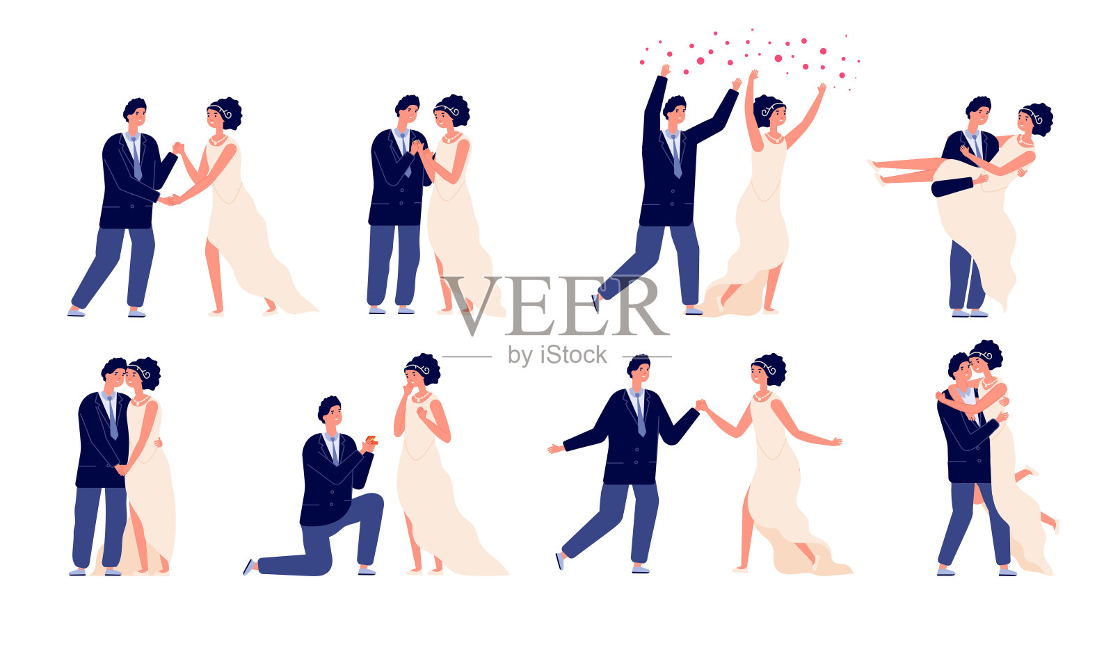 新娘和新郎。新婚夫妇、订婚或结婚派对。周三的庆祝活动，卡通男女舞蹈在爱和亲吻的矢量人物插画图片素材