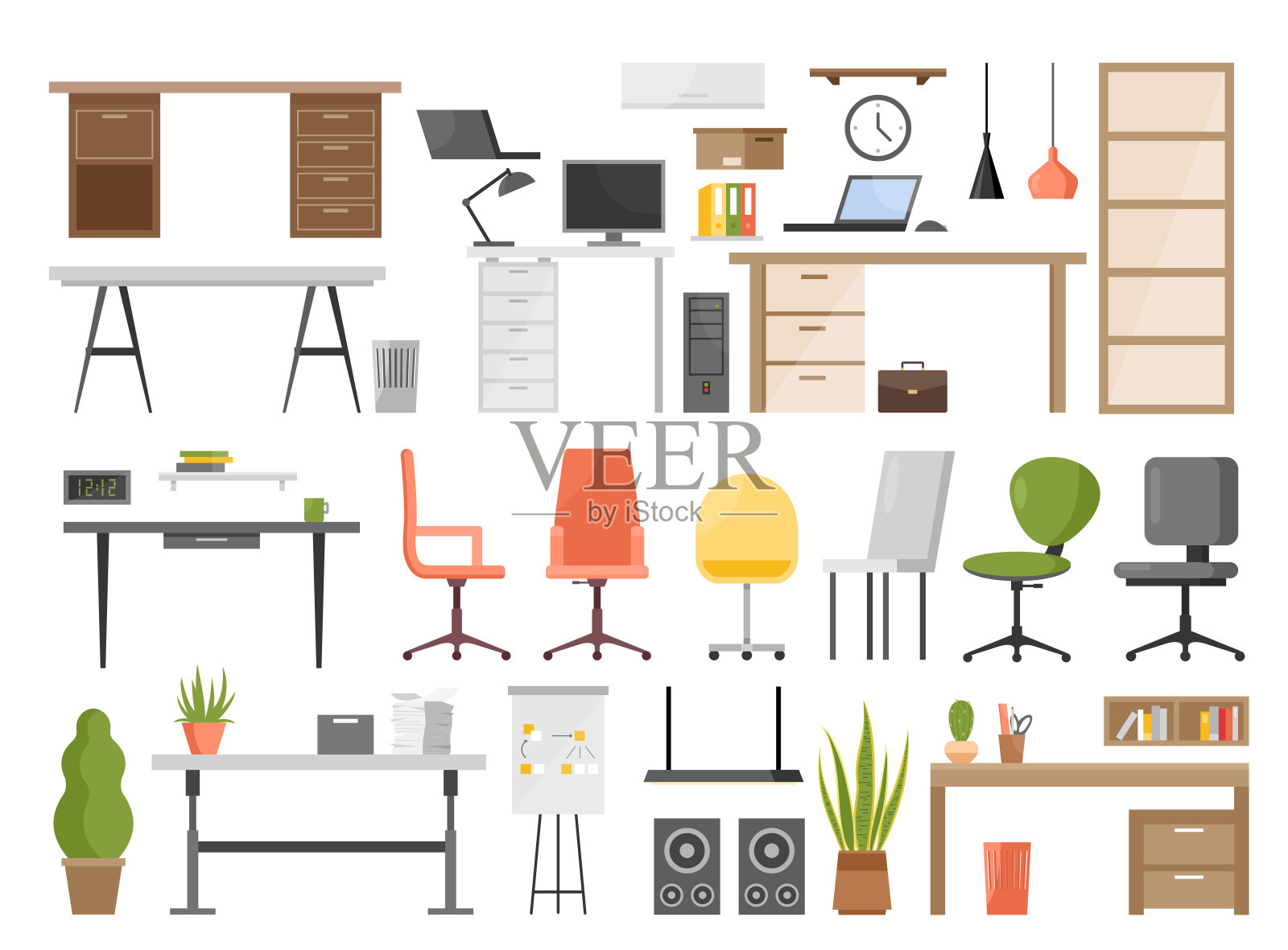 办公家具矢量插图设置孤立在白色。卡通人体工程学家具为现代室内设计收集椅子和经理桌子，笔记本电脑，吊灯，书架。插画图片素材