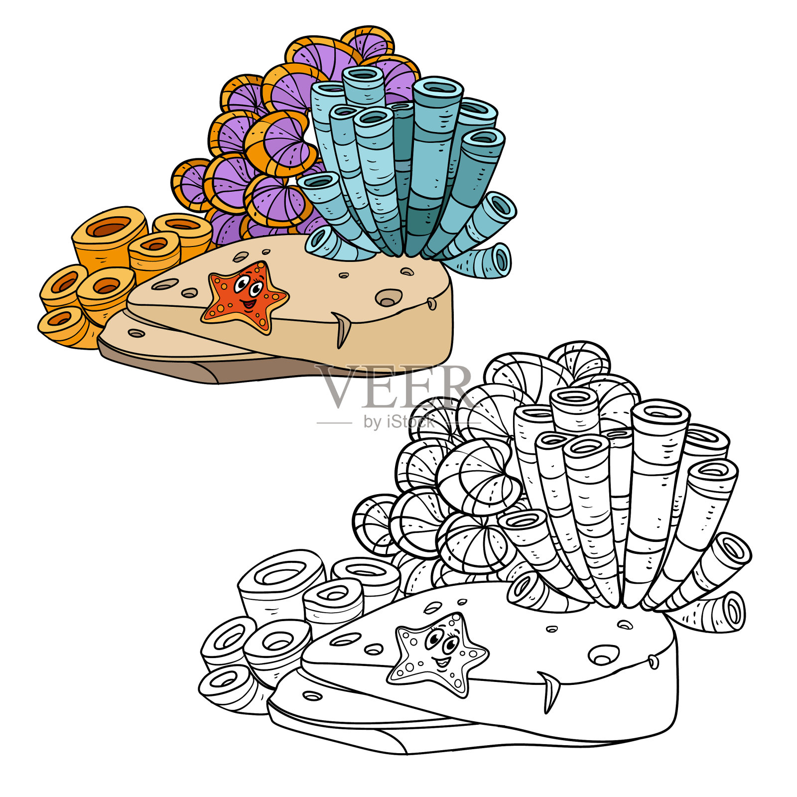 紫藻、海绵和海星生长在沙子上插画图片素材