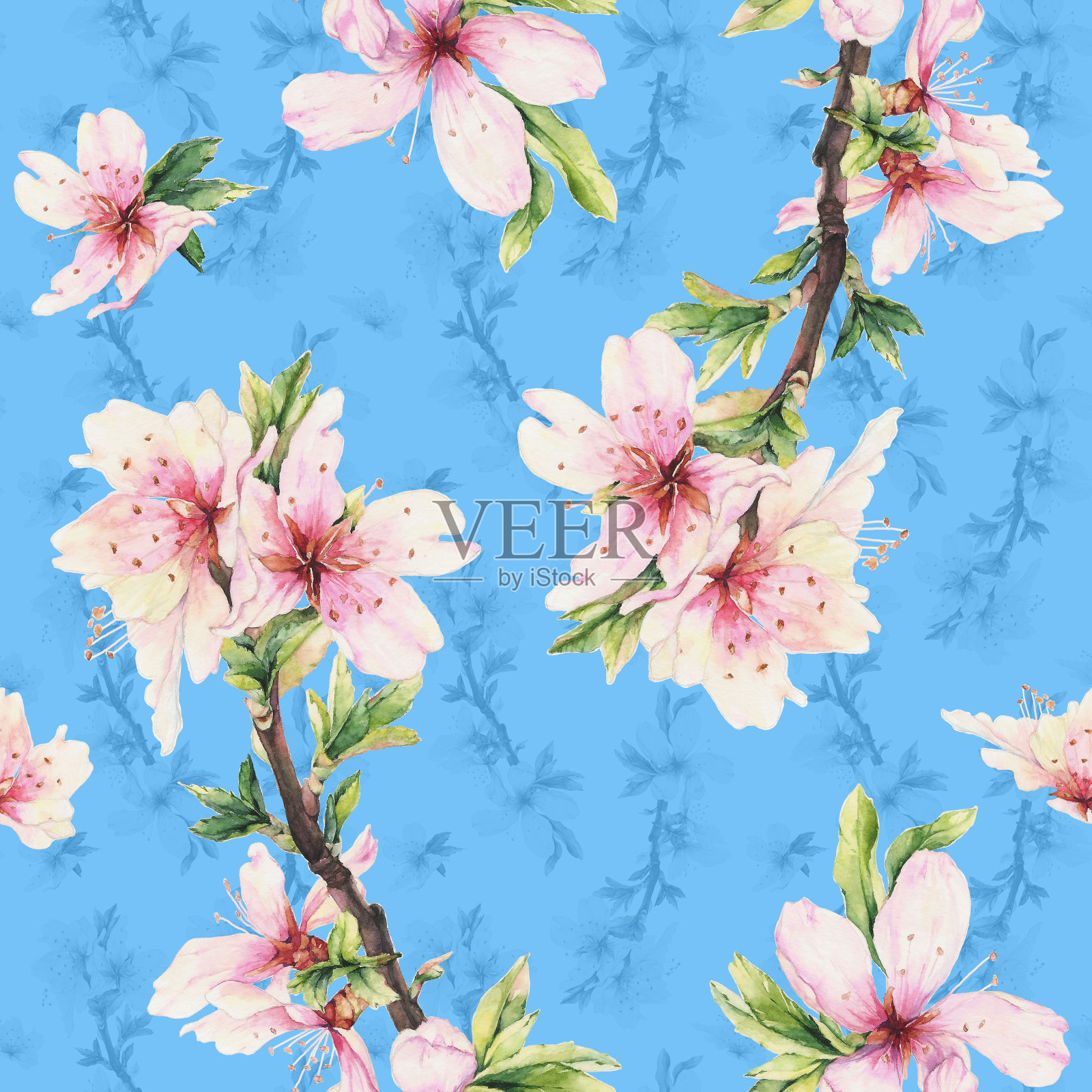 浪漫的无缝图案与杏花枝插画图片素材