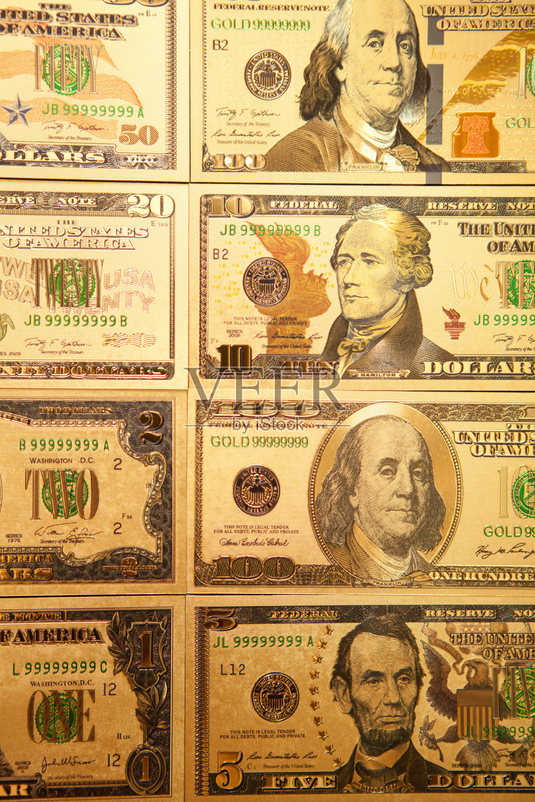 货币美国黄金美元钞票特写背景。照片摄影图片