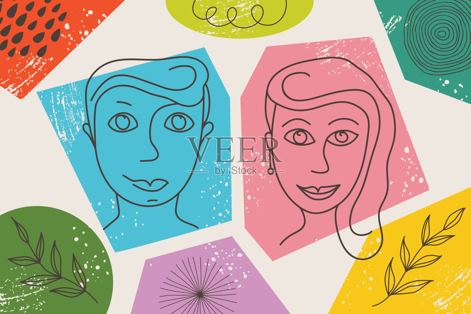 抽象艺术矢量插画的两个人男女线设计上彩色的涂鸦背景。设计模板年轻女孩和男孩。插画图片素材