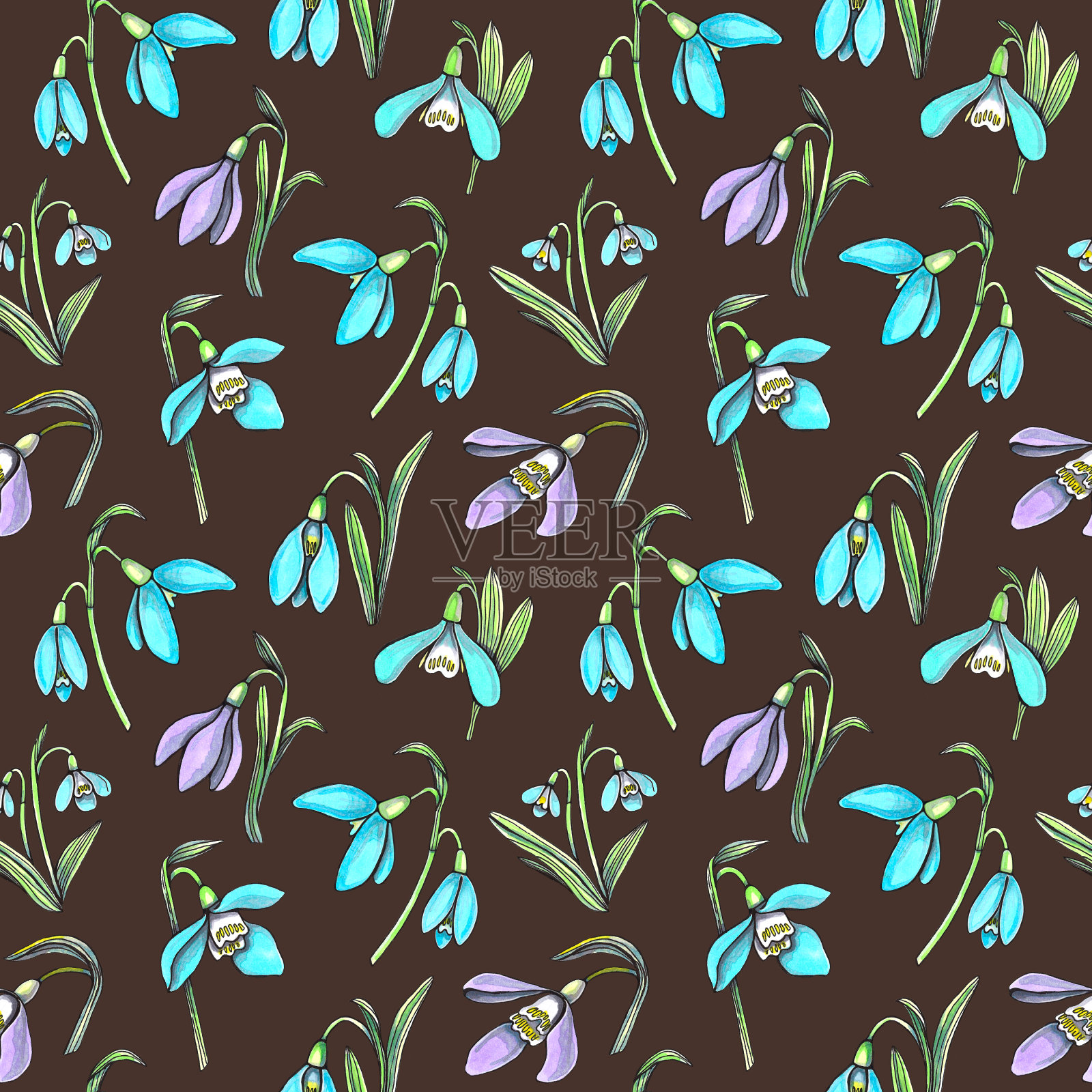 褐色背景上是春天的花和雪花莲的叶子。无缝图案的面料，背景，服装，文具插画图片素材