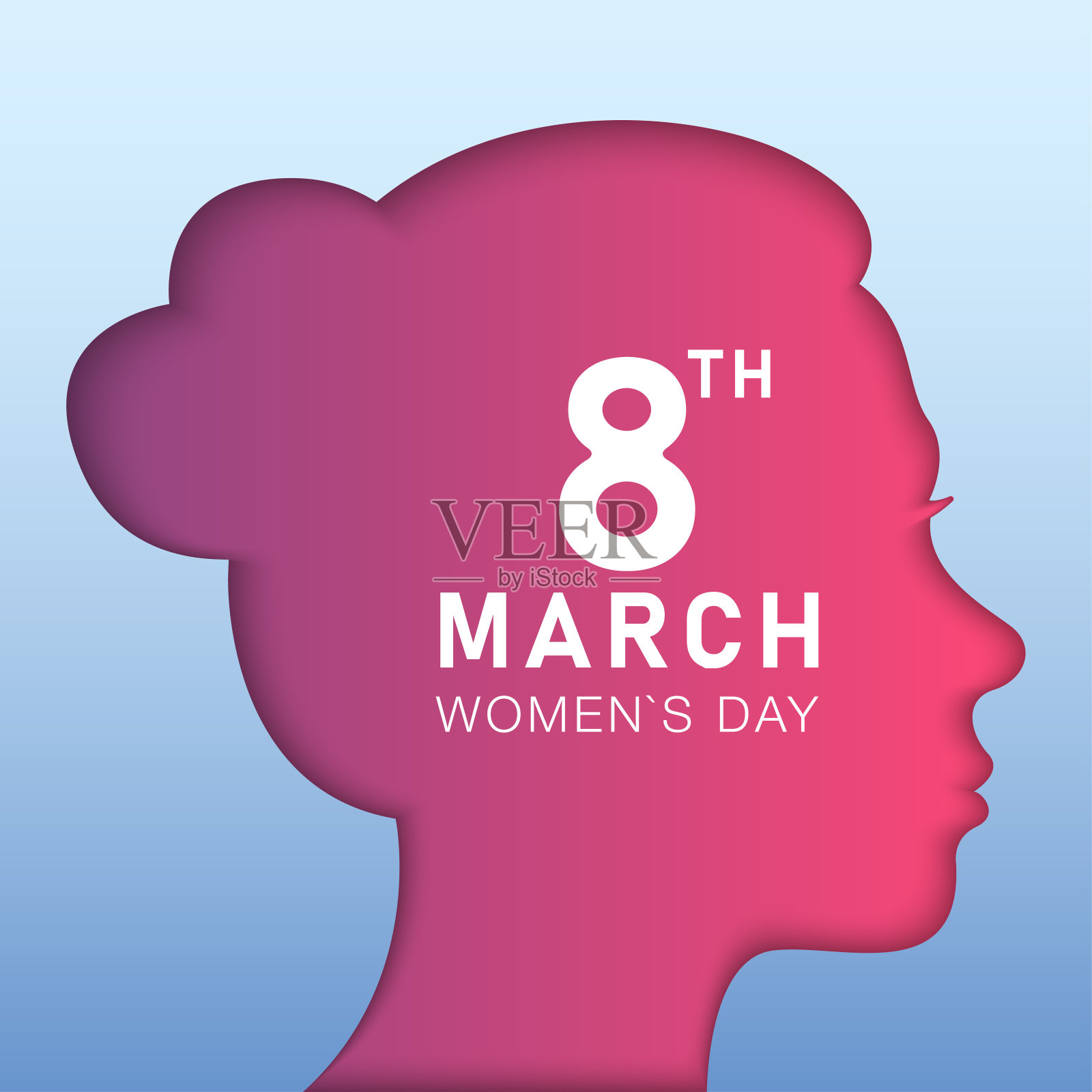 3月8日的矢量现代明信片。剪纸上刻着一个女孩的头像，3月8日国际妇女节。可用于宣传册、广告、横幅。每股收益10。插画图片素材