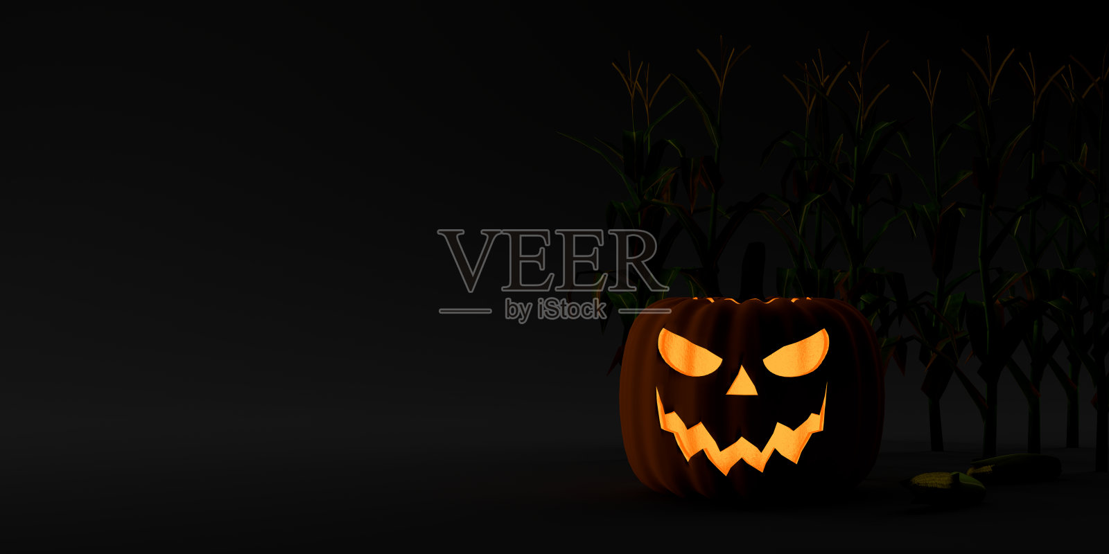 诡异的玉米南瓜。万圣节旗帜。3 d演示。照片摄影图片