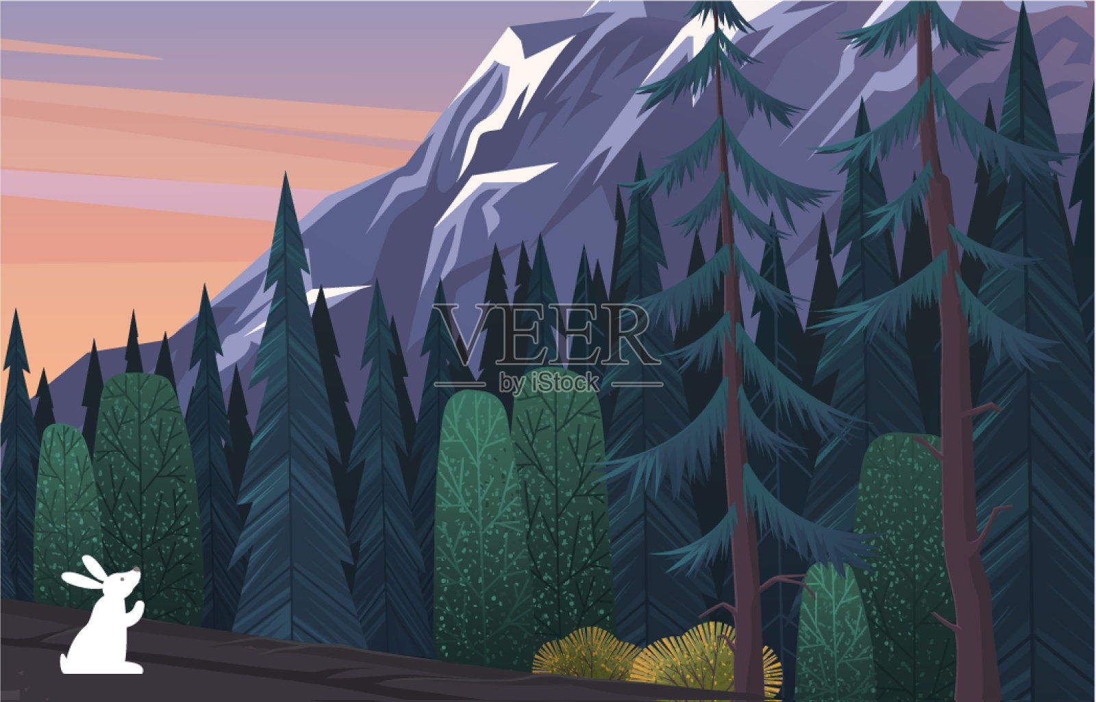 边缘上的白野兔针叶深沉阴沉插画图片素材