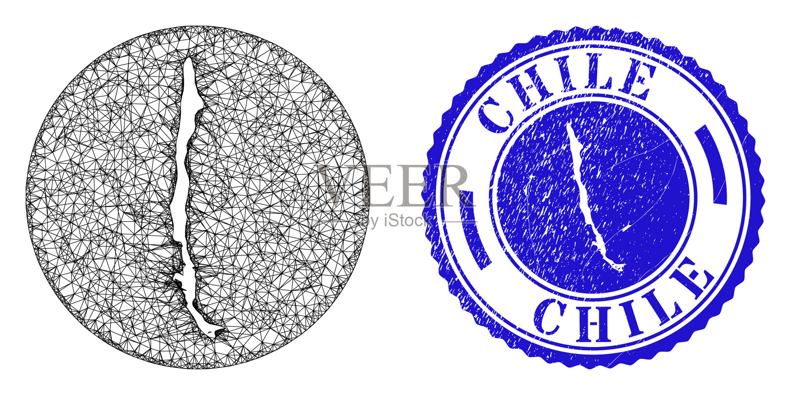 网格线框减去智利地图和划痕插画图片素材