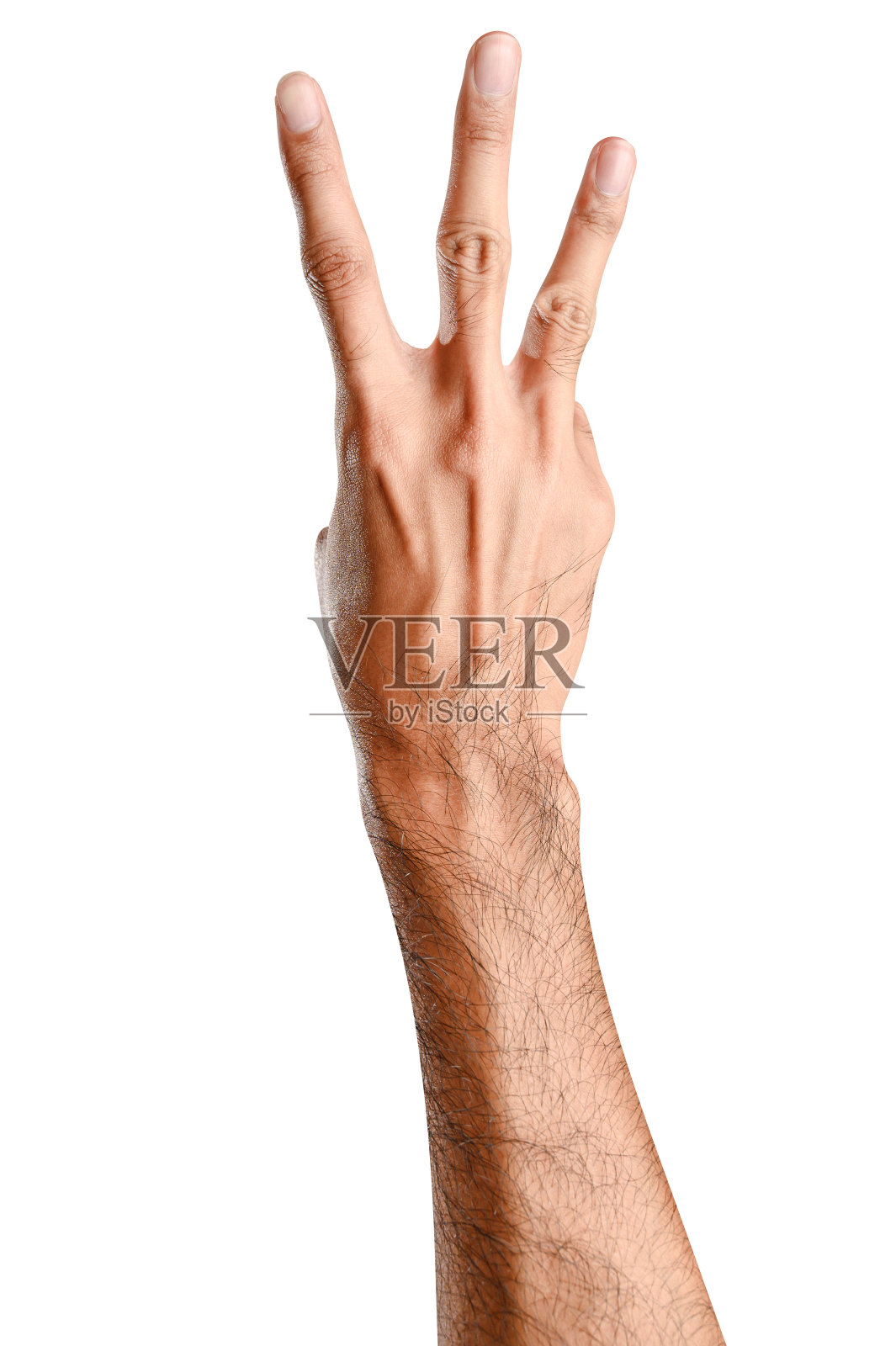 男性白种人的手显示第三指孤立的白色背景。照片摄影图片