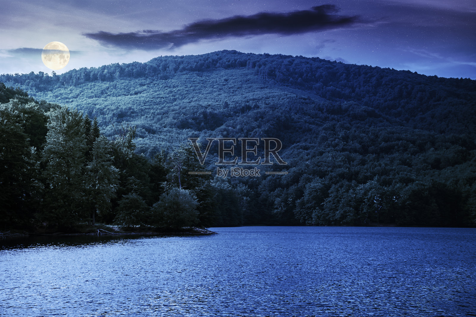 夏天夜晚，山毛榉林中的湖泊照片摄影图片