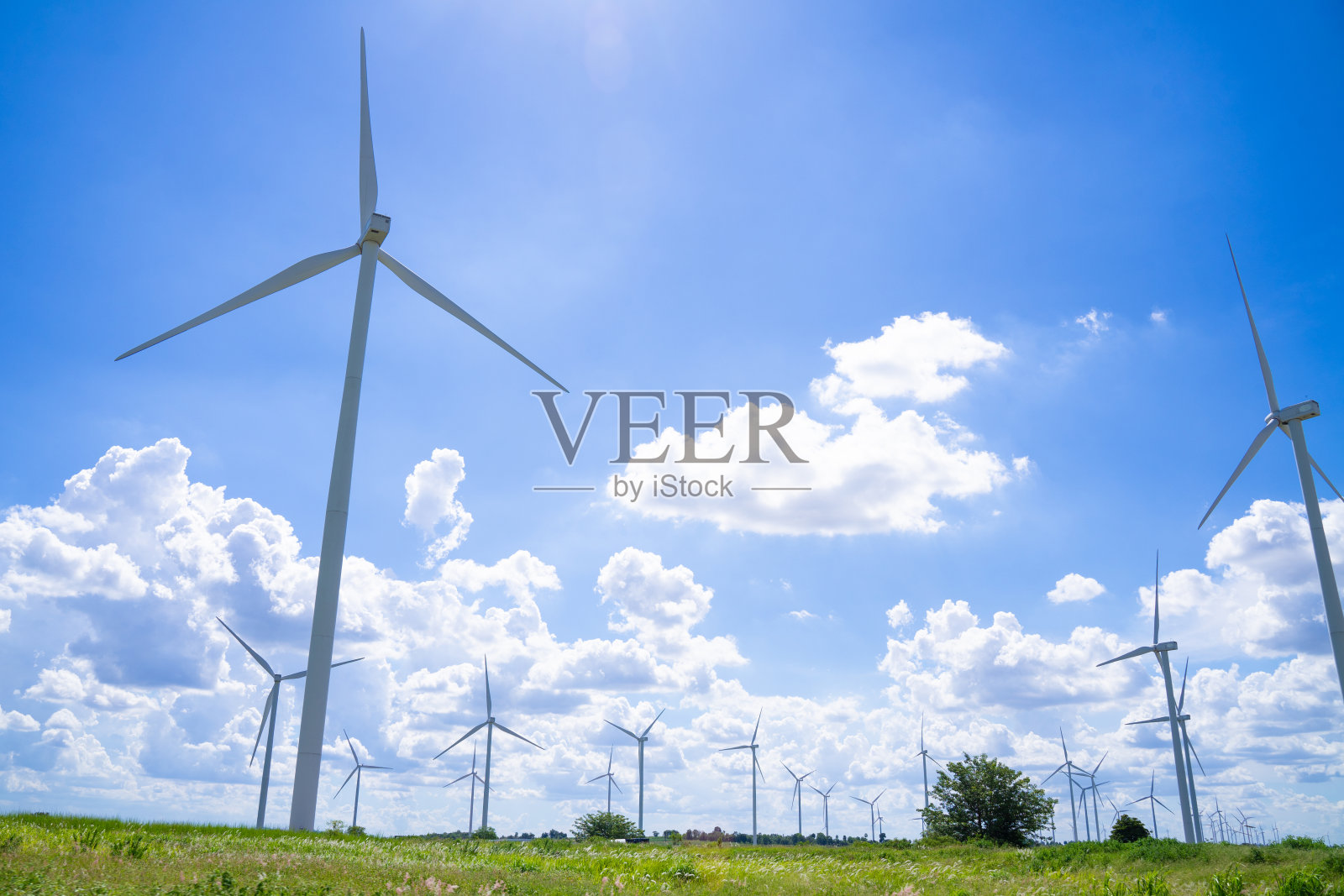 用于发电的风力涡轮机在晴天为地球提供清洁能源照片摄影图片