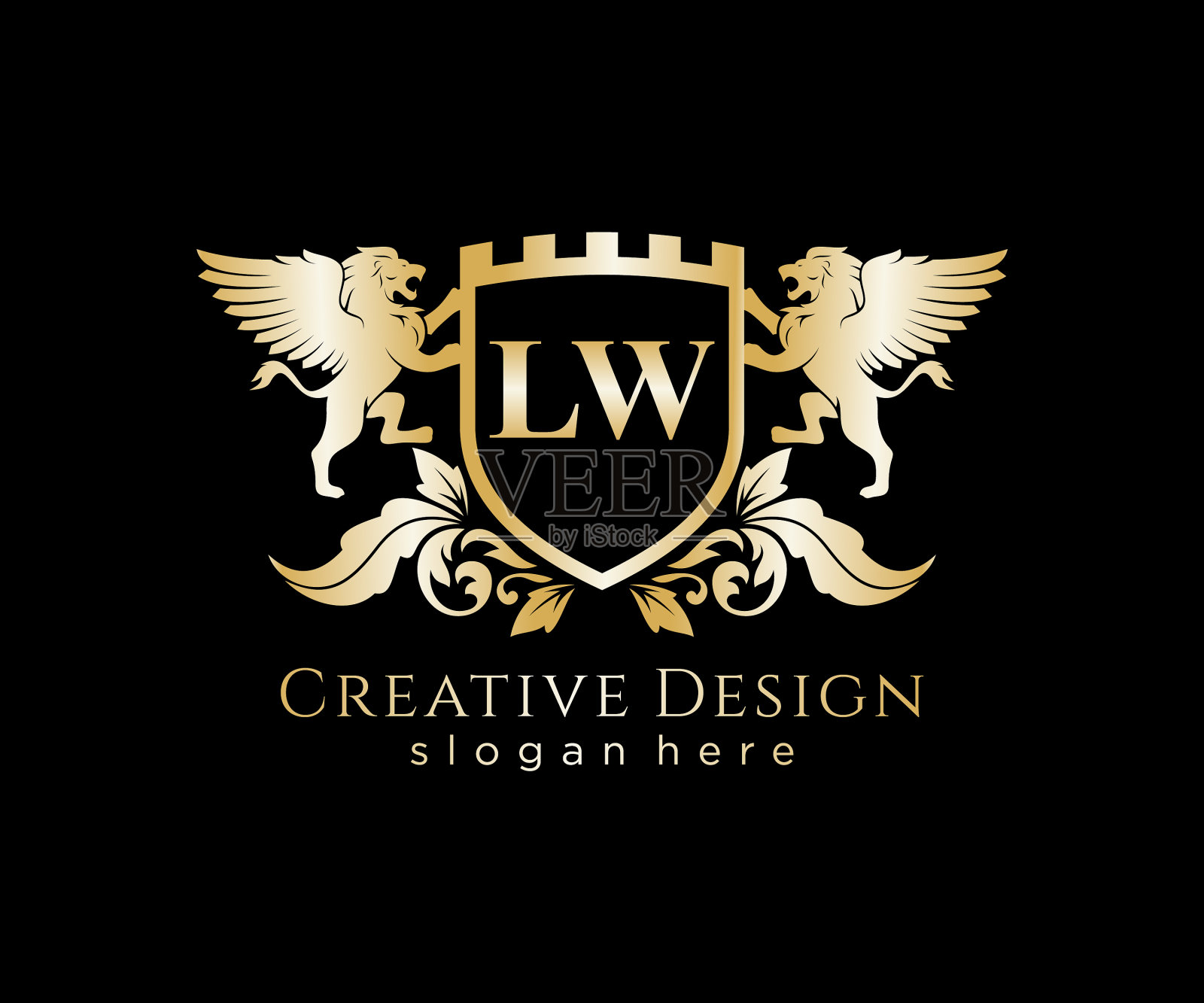 Lw字母首字母与狮子皇家标志模板插画图片素材