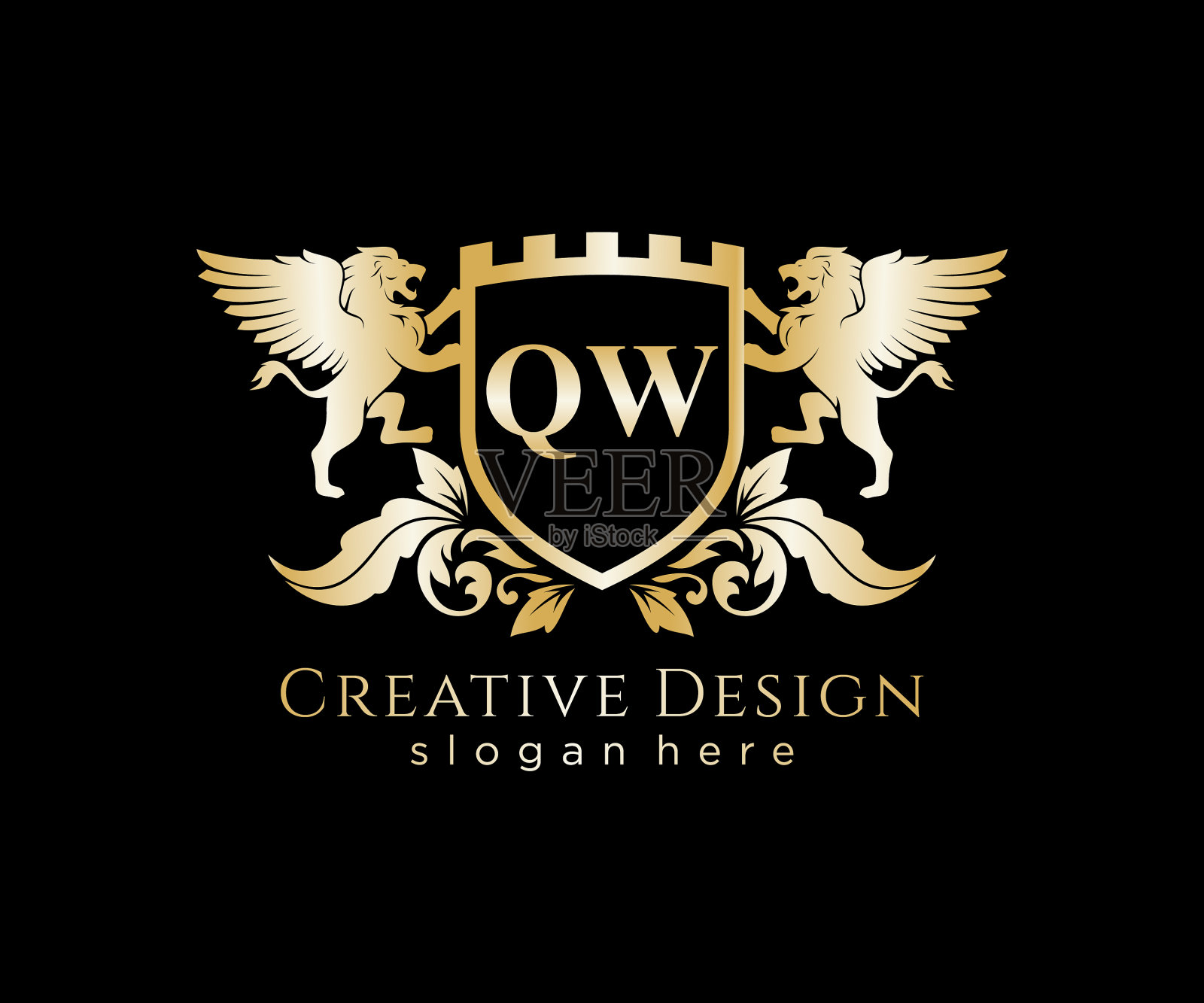 Qw字母首字母与狮子皇家标志模板插画图片素材