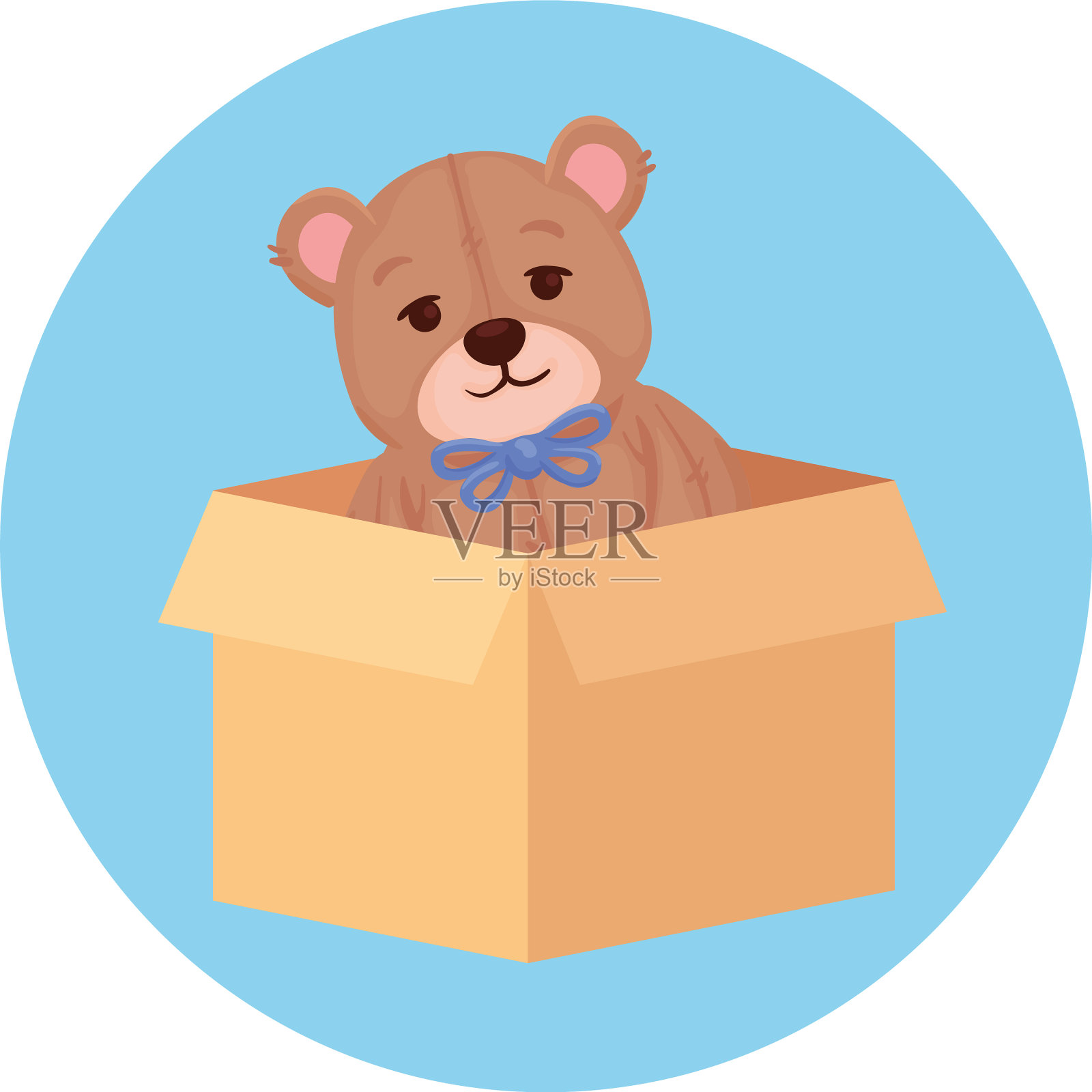 玩具泰迪熊在盒子纸箱在圆形框架设计元素图片
