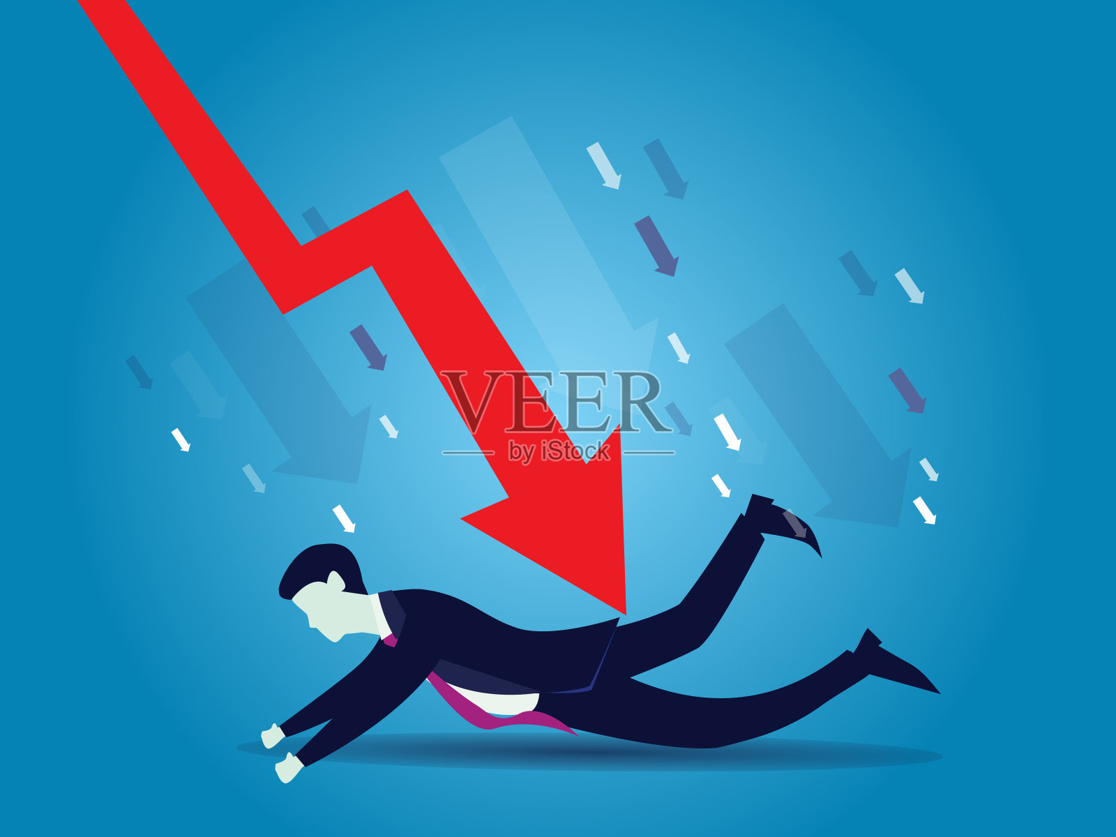 伤心哭泣的商人用向下的箭头，破产的概念，全球经济衰退插画图片素材