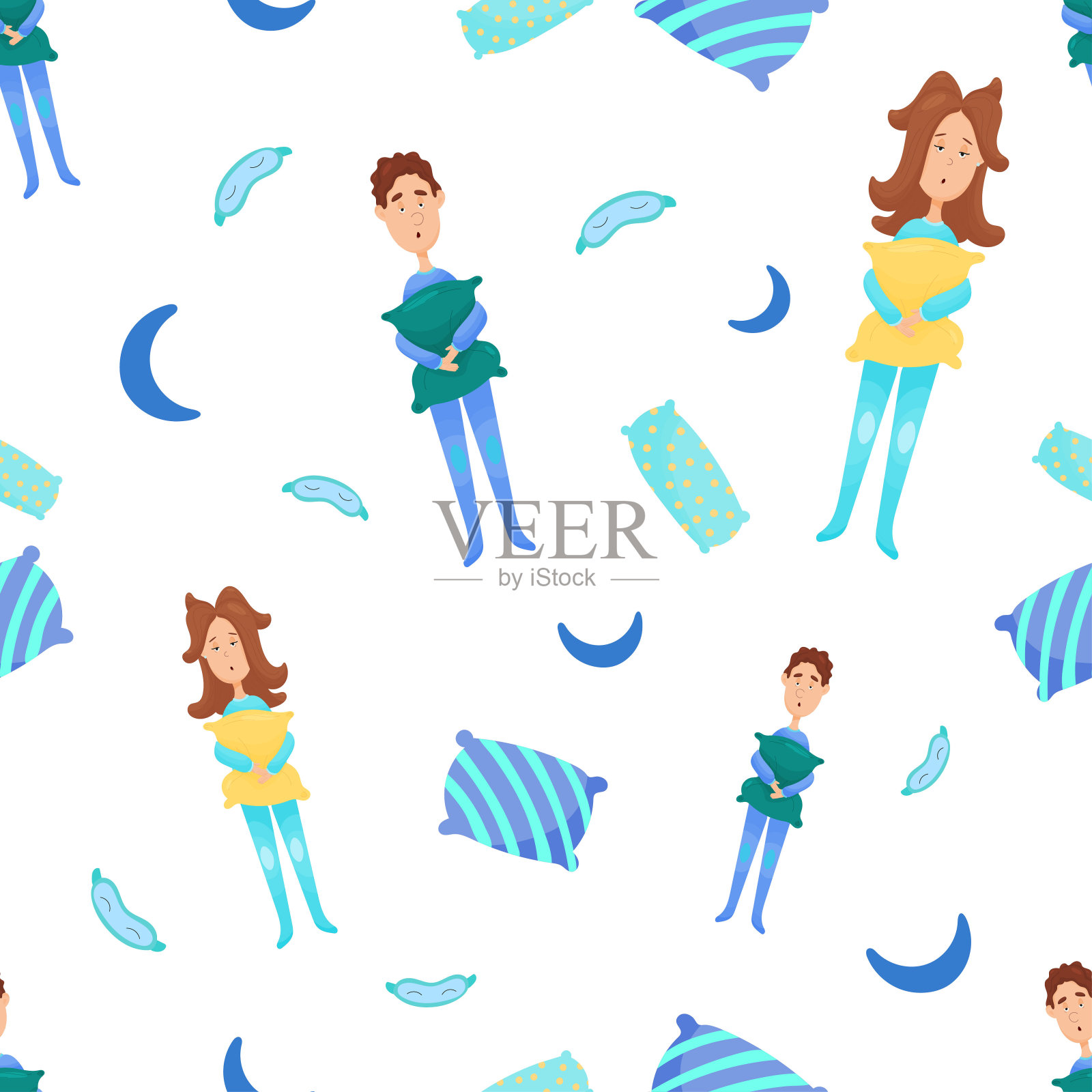 世界睡眠日。一对抱着枕头的瞌睡虫。睡眠问题矢量图。模式插画图片素材