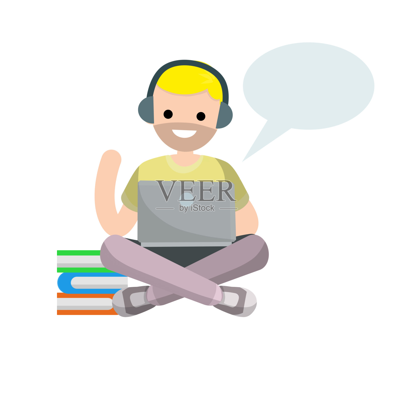 男人坐在笔记本电脑旁边。做自由职业者和程序员。这家伙上网聊天。卡通平面插图。6、学习与教育同有一本书。空白气泡文本。插画图片素材