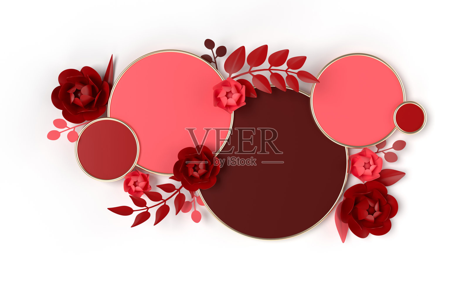 3d渲染几何形状，裙房与花和叶在纸艺术风格。产品展示平台，模拟背景。简约设计的抽象构图，红色和金色照片摄影图片