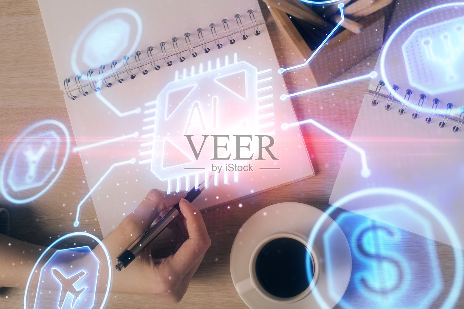 多曝光的女人的书写手的背景与数据技术hud。创新的概念。照片摄影图片