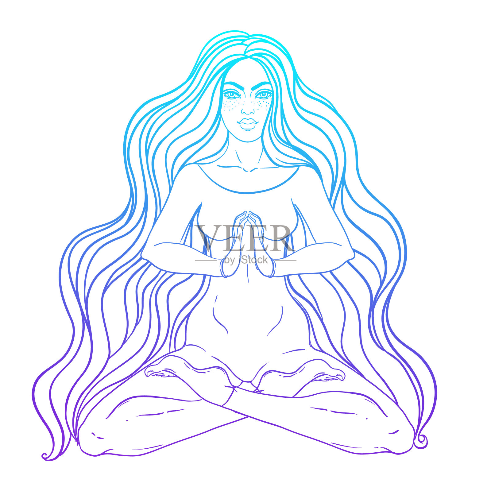 美丽的女孩坐在荷花位置在华丽多彩的霓虹灯背景。插画图片素材