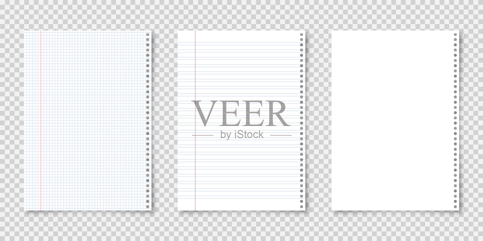 现实的空白划线纸页A4格式的透明背景。笔记本页面、文档。设计模板或模型。矢量图插画图片素材